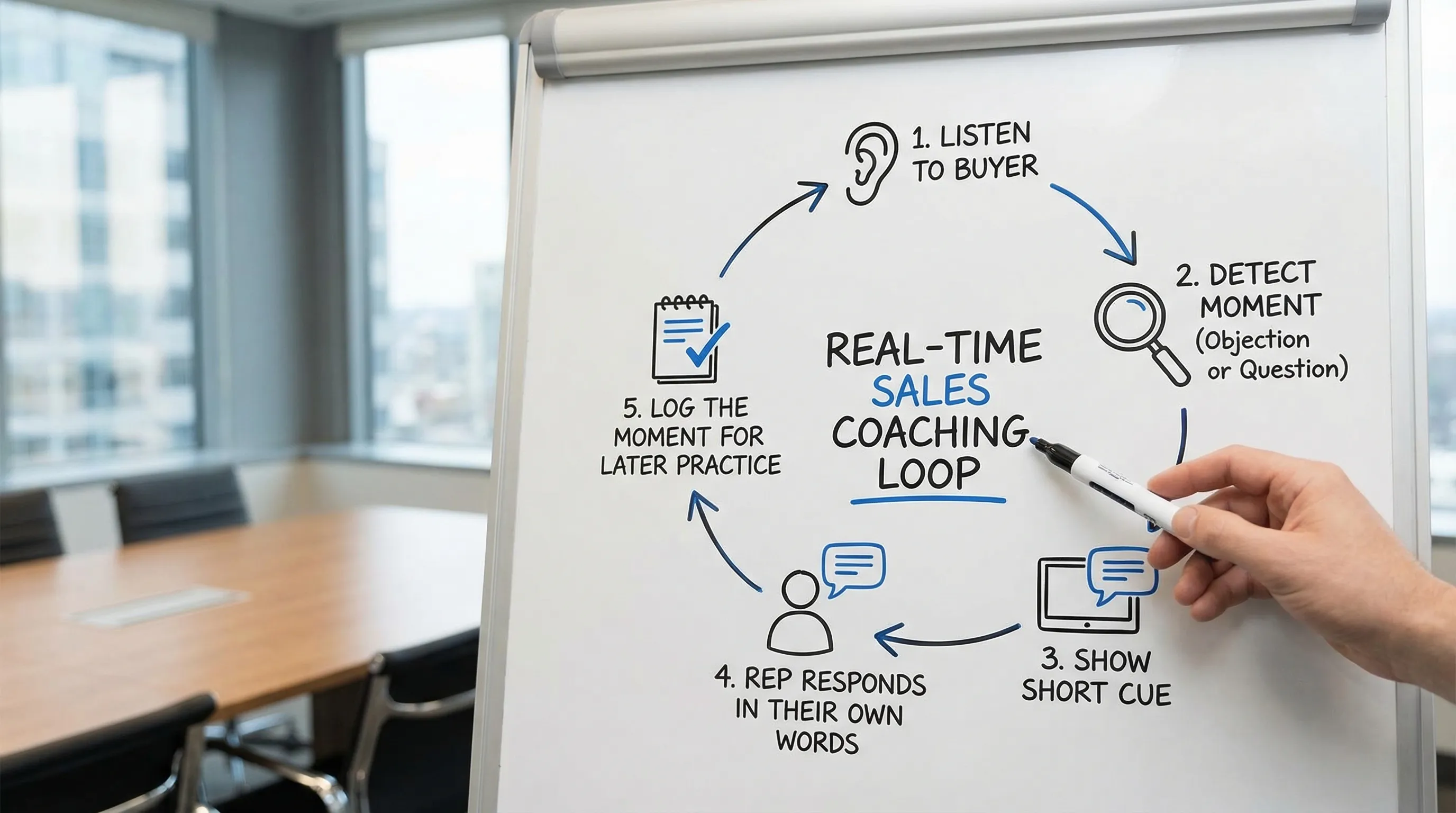 A simple diagram showing a real-time sales coaching loop: listen to buyer, detect moment (objection or question), show a short cue, rep responds in their own words, log the moment for later practice.