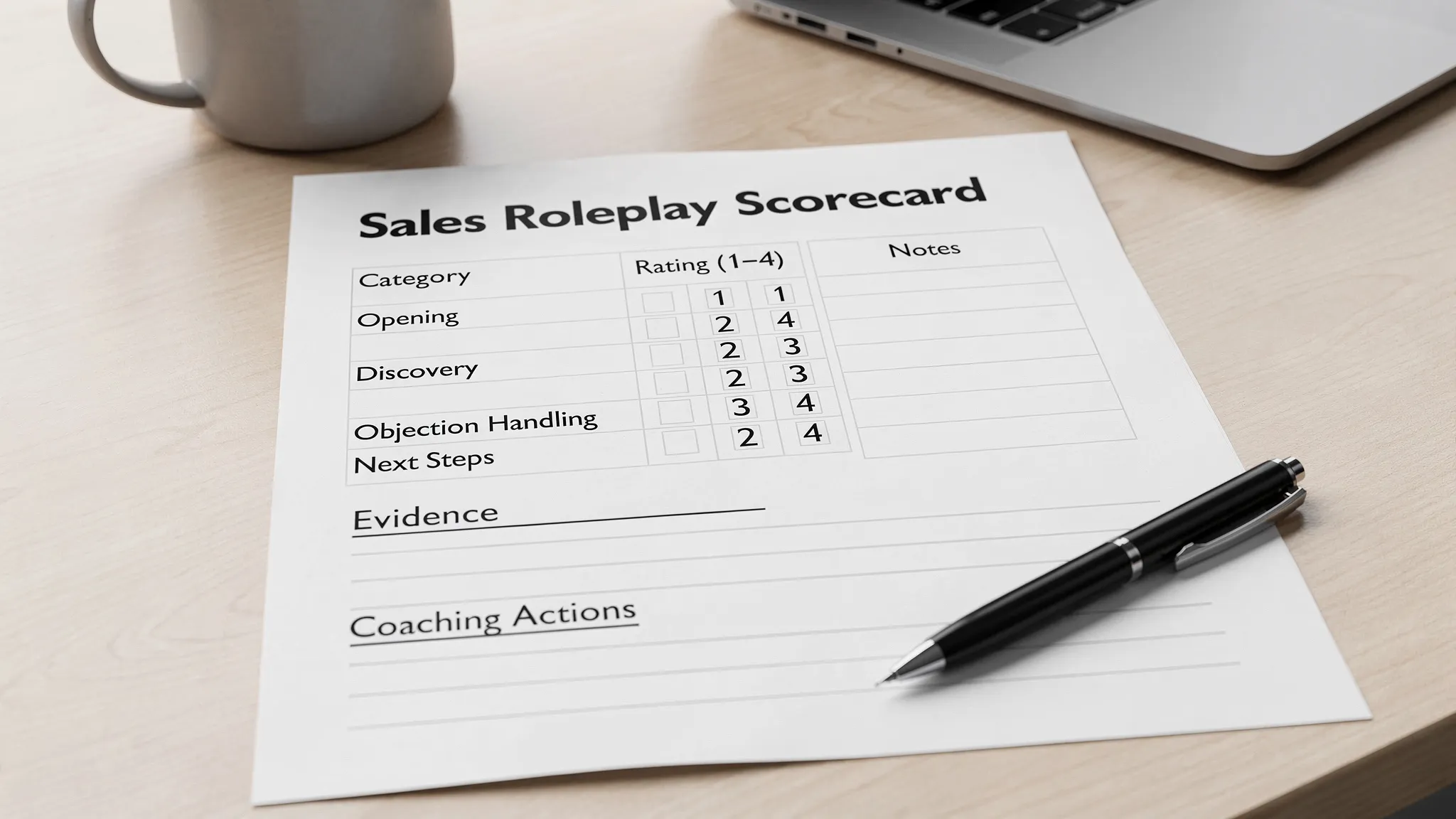 A clean sales roleplay scorecard template on a desk, showing categories like Opening, Discovery, Objection Handling, Next Steps, with a 1 to 4 rating scale and a notes section for evidence and coaching actions.