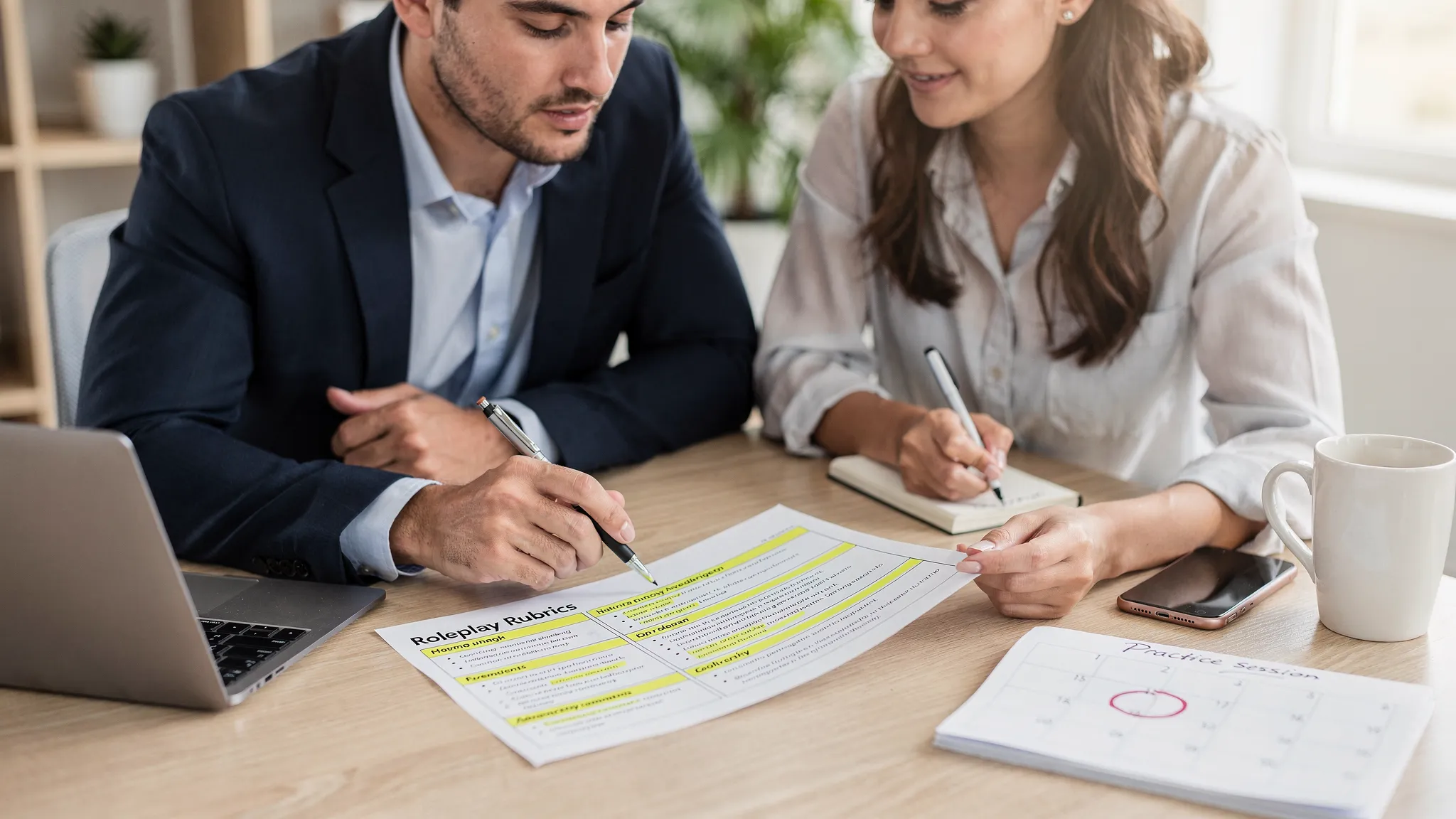 A sales manager and a sales rep seated at a table reviewing a printed roleplay rubric together, with notes highlighted and a calendar open to schedule a follow-up practice session.