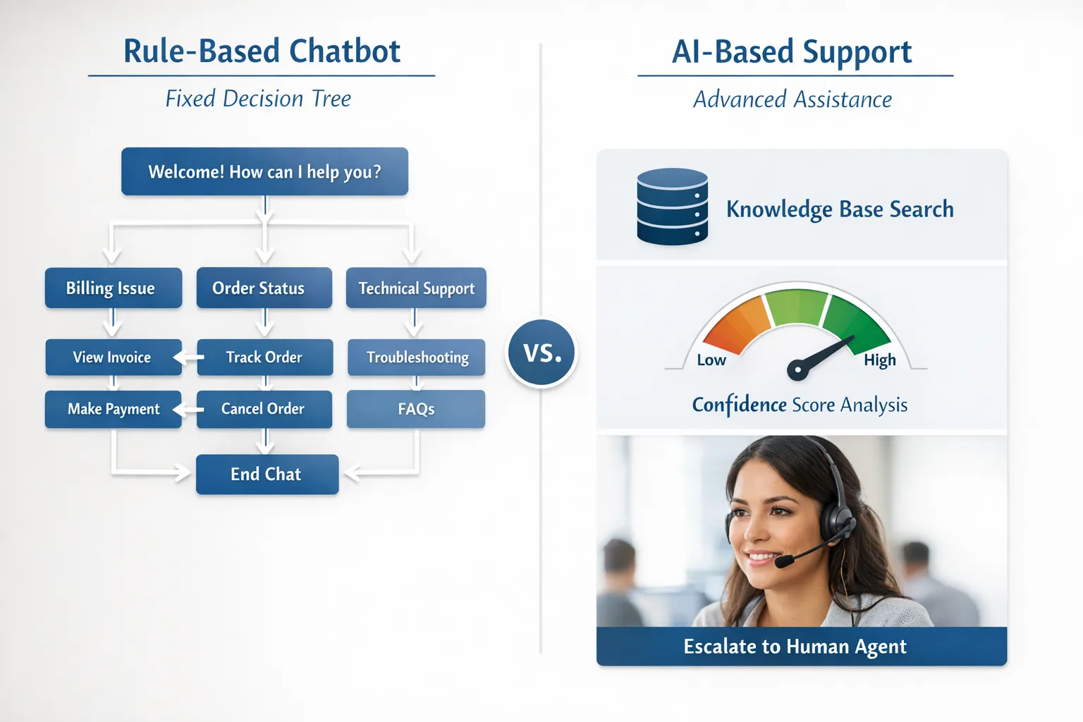 A side-by-side visual showing a customer support flow: on the left a rule-based chatbot with a fixed decision tree, on the right an AI-based support system that uses a knowledge base, confidence scoring, and escalation to a human agent.