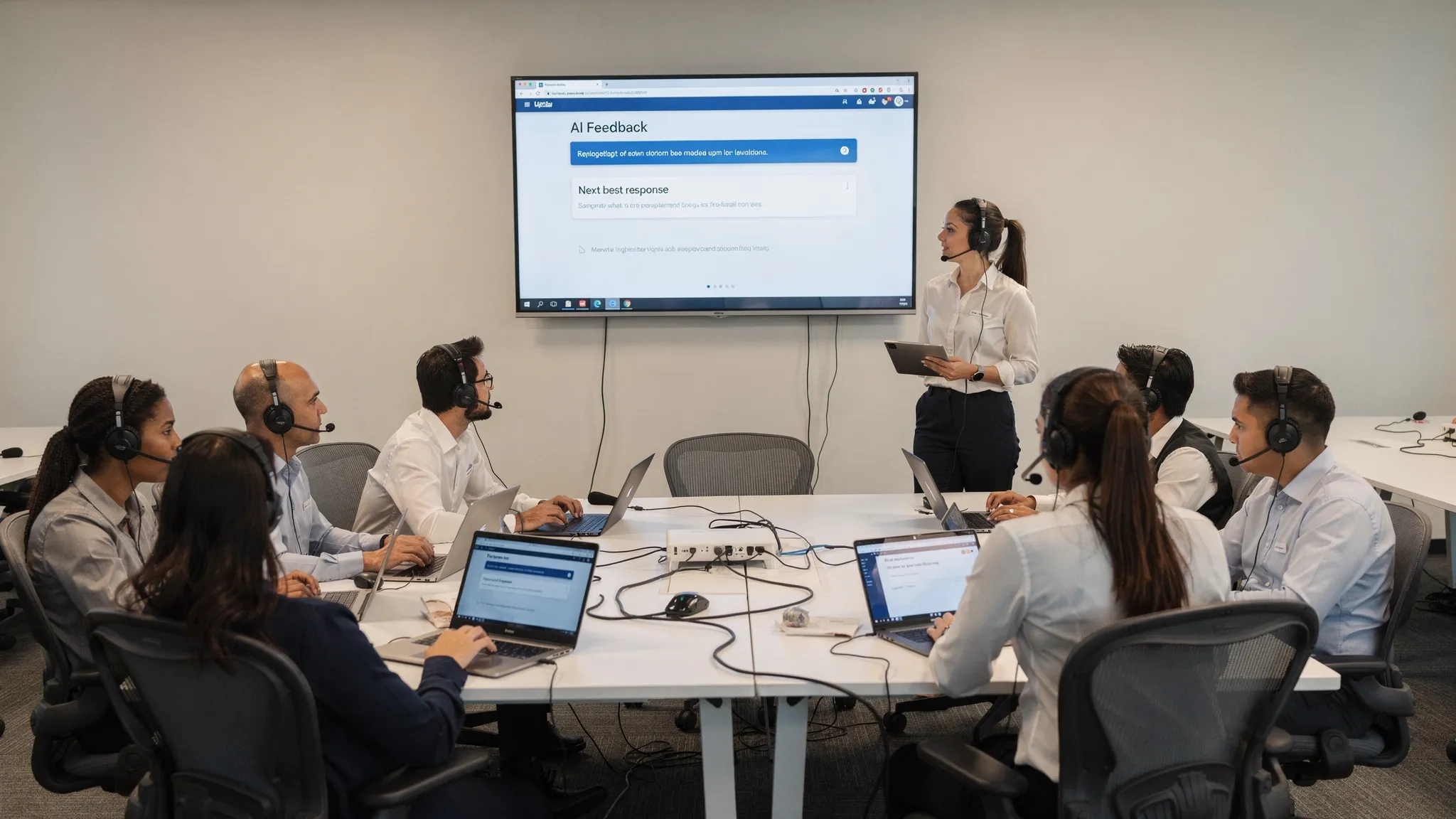 A customer service team practicing realistic support conversations in a training room, with agents wearing headsets, a coach observing, and AI feedback prompts shown on a wall display facing the group.