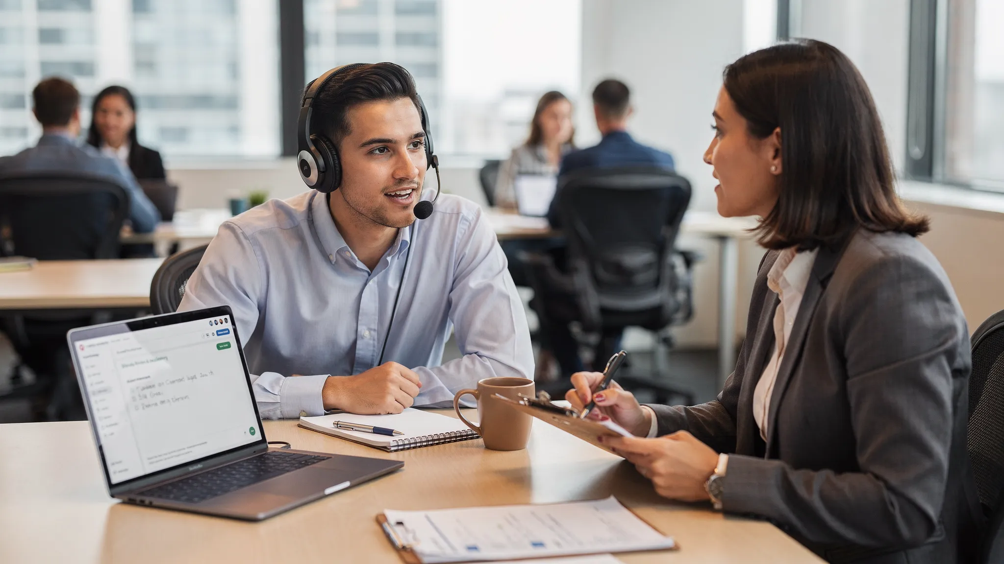 A customer support trainee wearing a headset speaks into a microphone while practicing a simulated call in a quiet office setting. A coach nearby listens and takes notes, emphasizing voice tone, empathy, and objection handling rather than reading a script.