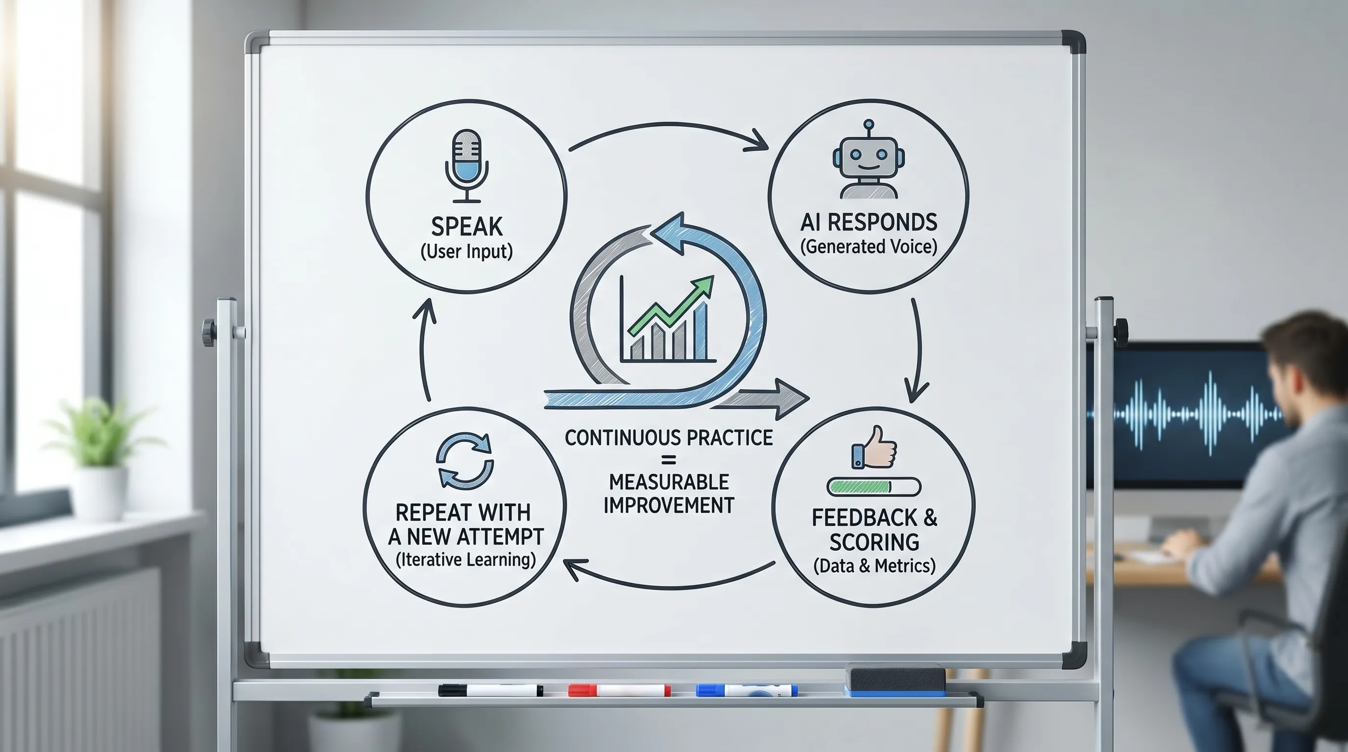 A simple diagram showing an AI voice training loop with four steps: speak, AI responds, feedback and scoring, repeat with a new attempt. The diagram emphasizes continuous practice and measurable improvement.