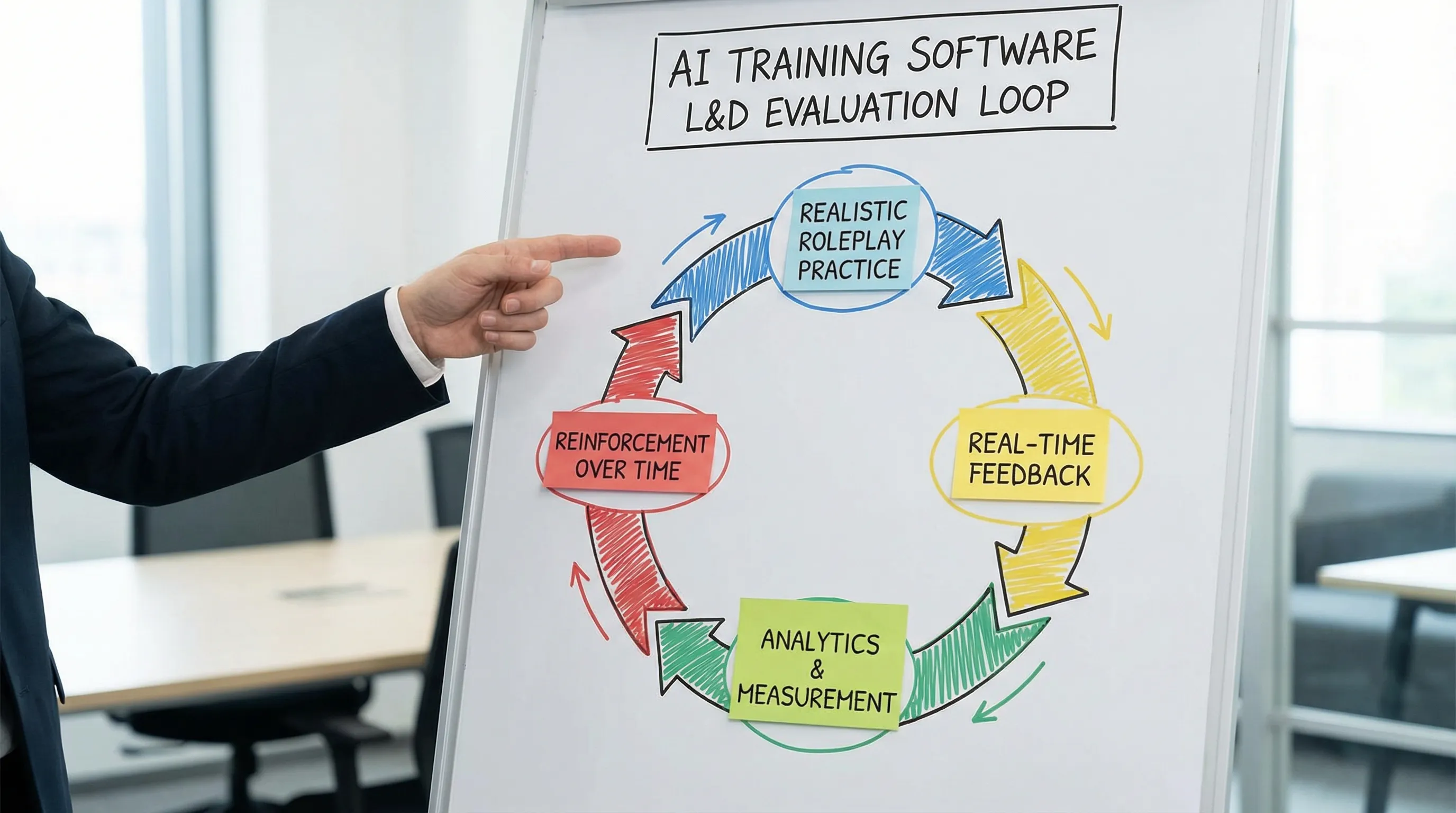 A simple framework diagram showing an L&D evaluation loop for AI training software: realistic roleplay practice, real-time feedback, analytics and measurement, and reinforcement over time, arranged in a circular flow.