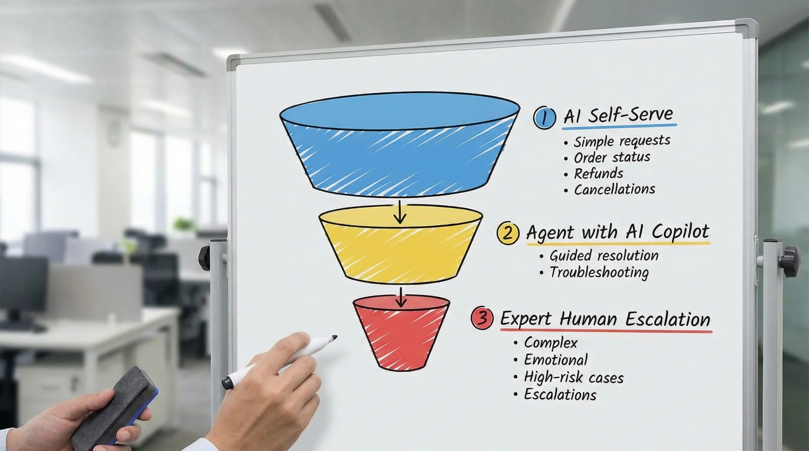 A simple three-layer diagram showing a customer service funnel with three tiers: (1) AI self-serve for simple requests, (2) agent with AI copilot for guided resolution, (3) expert human escalation for complex, emotional, or high-risk cases. Each tier includes example tasks like order status, troubleshooting, refunds, cancellations, and escalations.