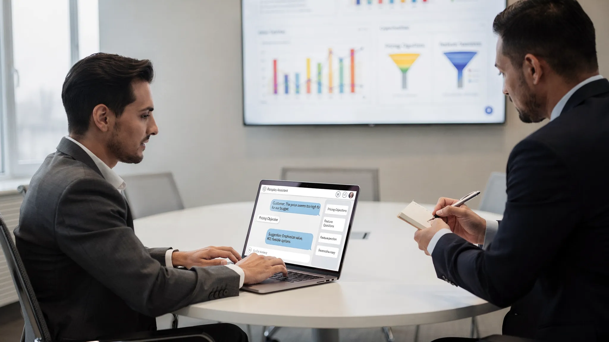 A sales representative sits at a desk during a coaching session, practicing a pricing objection with an AI roleplay assistant on a laptop. The laptop screen faces the rep, showing a clean chat interface with prompts and feedback bubbles. A manager observes from the side taking notes, while a pipeline analytics dashboard is visible on a wall monitor in the background.