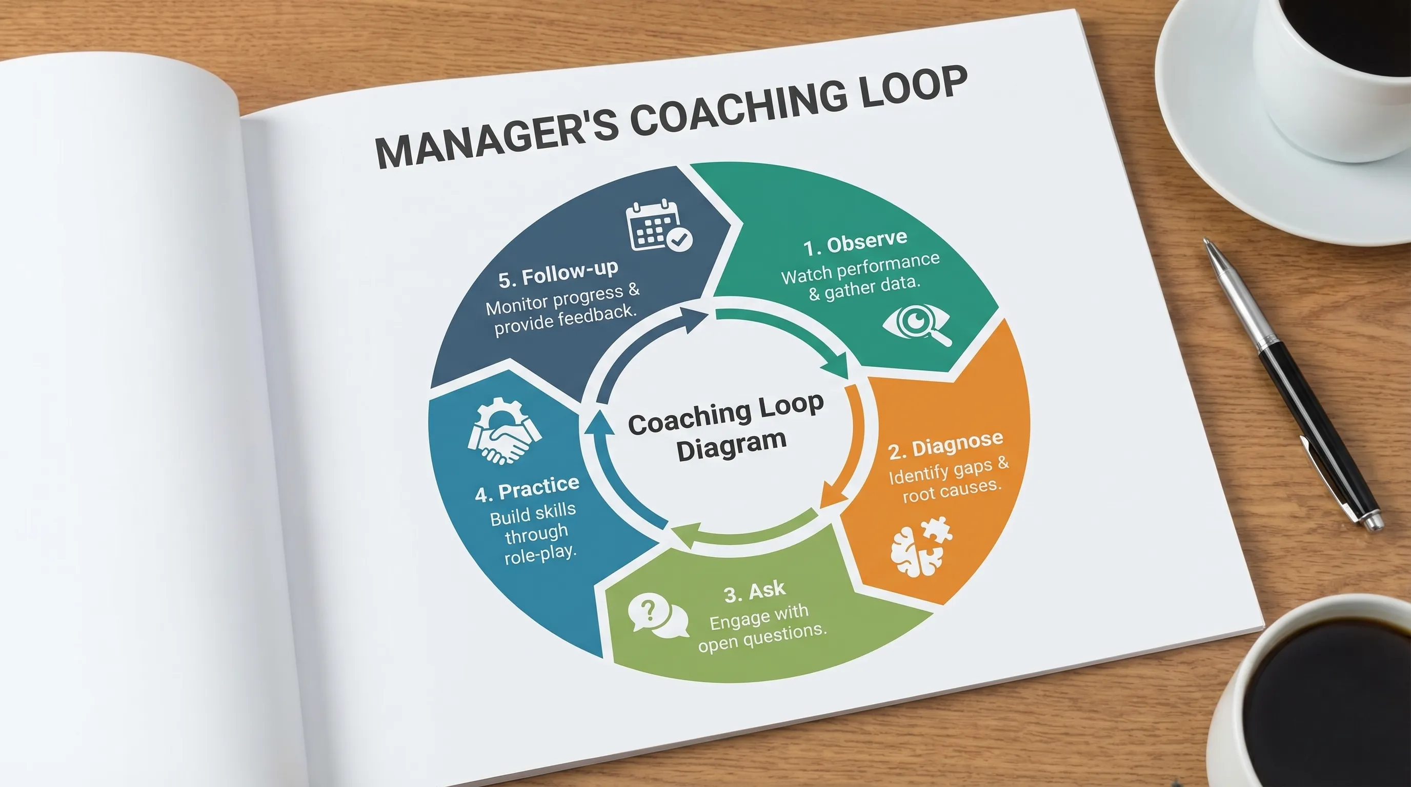 A simple coaching loop diagram showing five steps in a circle: Observe, Diagnose, Ask, Practice, Follow-up. Each step has a short phrase and an icon, designed for a manager training guide.