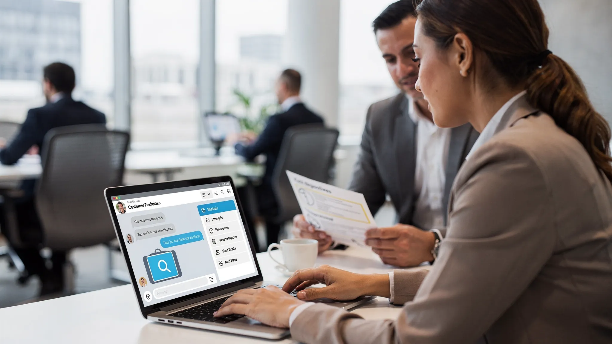 A sales representative practicing an AI roleplay on a laptop while a sales manager reviews coaching notes nearby; the screen shows a simulated customer conversation and a feedback panel with strengths and areas to improve.