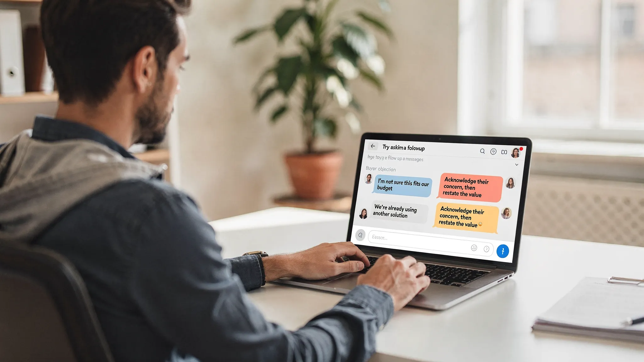 A sales representative practicing a roleplay conversation with an AI assistant in a quiet workspace, with a speech bubble style interface showing buyer objections and coaching feedback prompts.