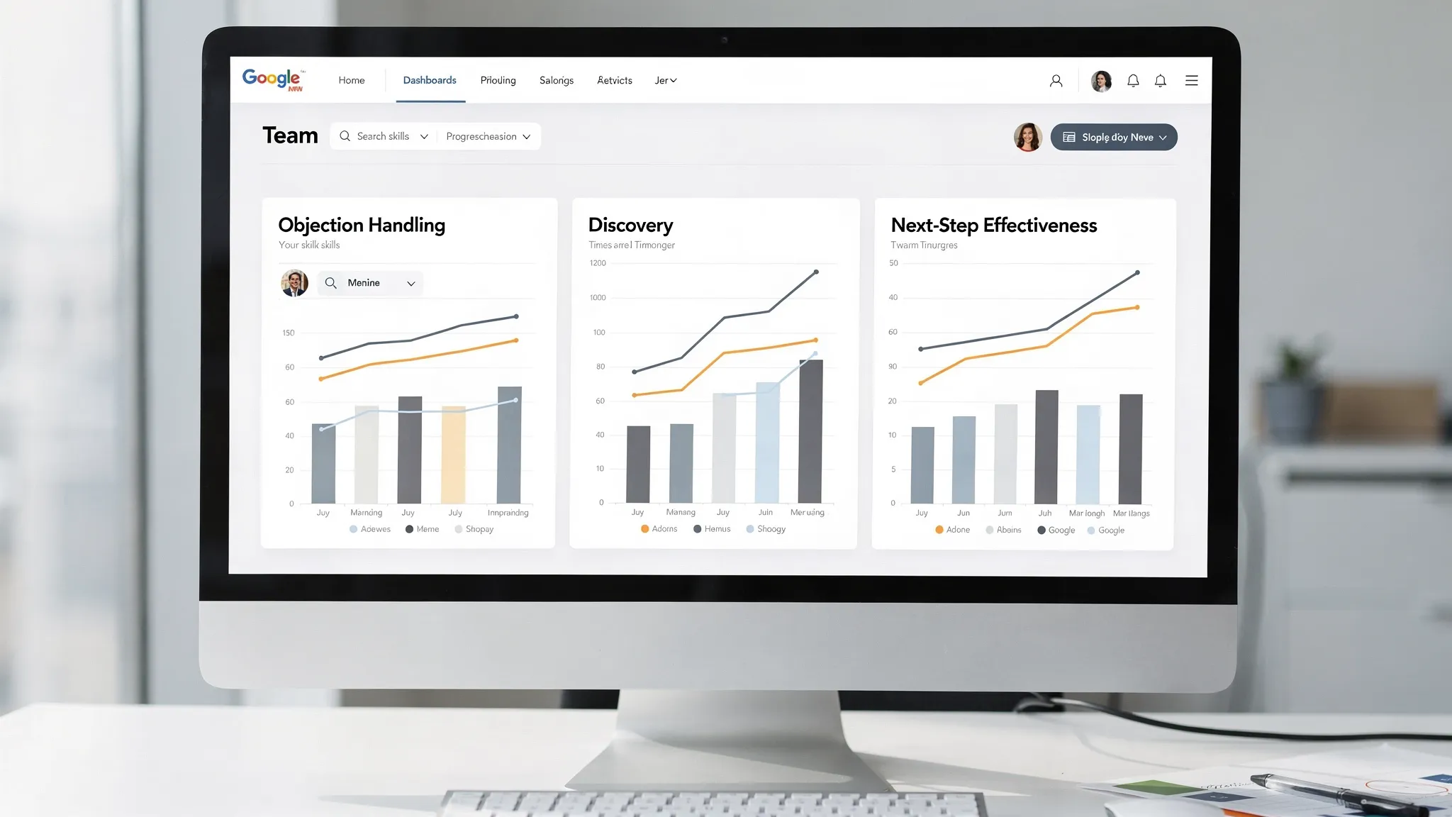 A simple dashboard view showing team skill progress over time, with charts for objection handling, discovery, and next-step effectiveness.