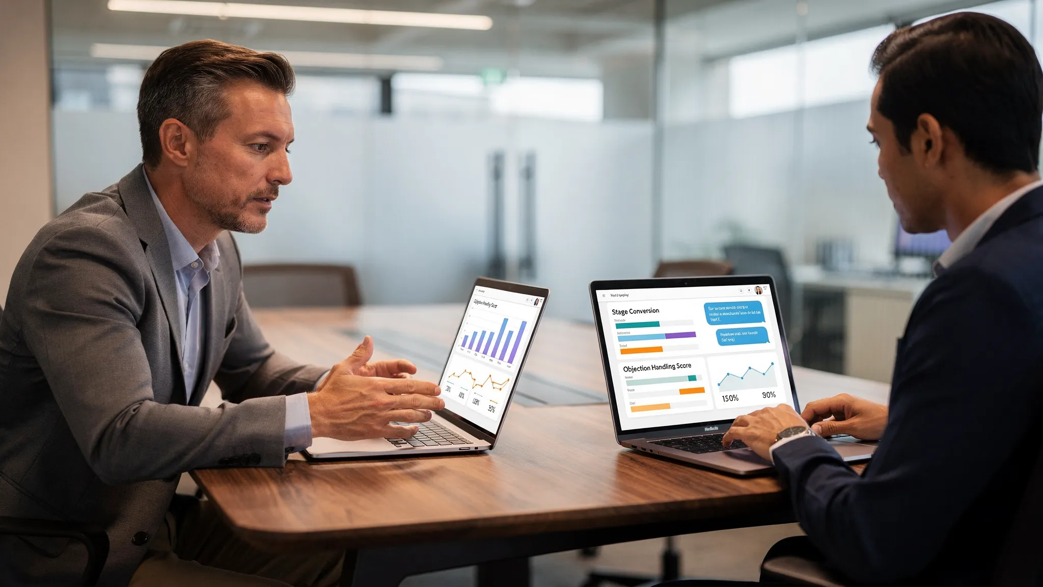 A sales manager reviewing a simple coaching dashboard while a rep practices an AI roleplay scenario on a laptop, with visible metrics like stage conversion, objection handling score, and next-step clarity.