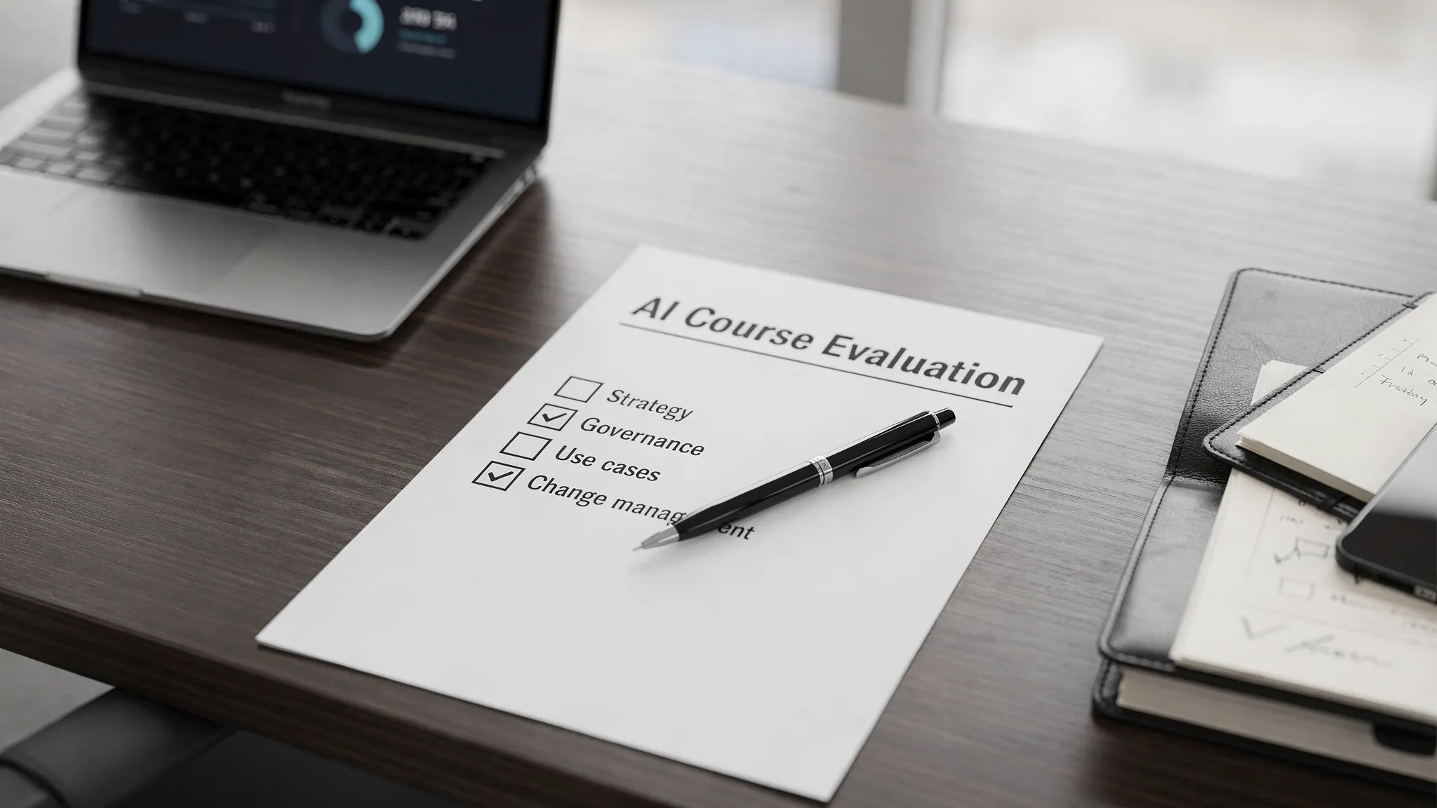 An executive-style checklist on a desk with a laptop and notebook, showing evaluation criteria for an AI course: strategy, governance, use cases, measurement, and change management.
