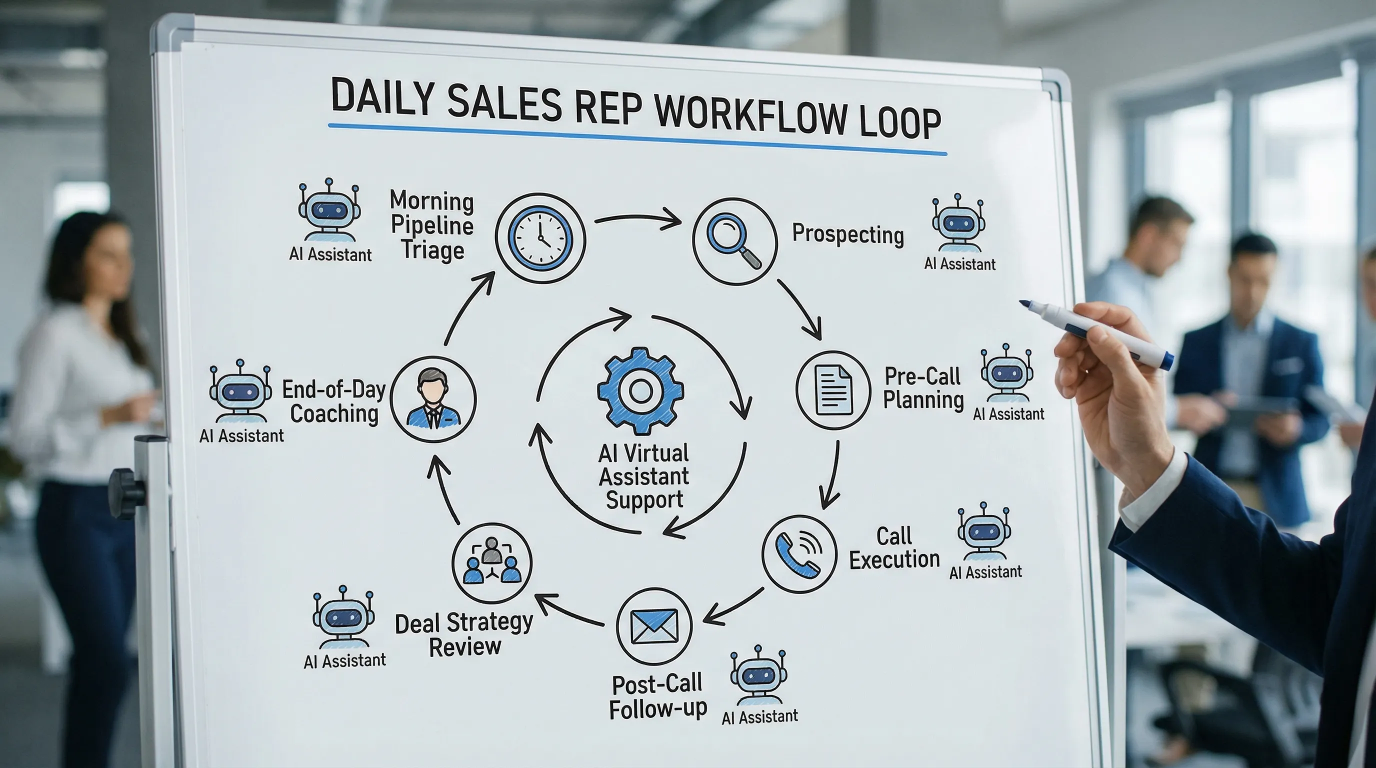 Diagram showing a sales rep daily workflow loop: morning pipeline triage, prospecting, pre-call planning, call execution, post-call follow-up, deal strategy review, and end-of-day coaching, with an AI virtual assistant supporting each step.