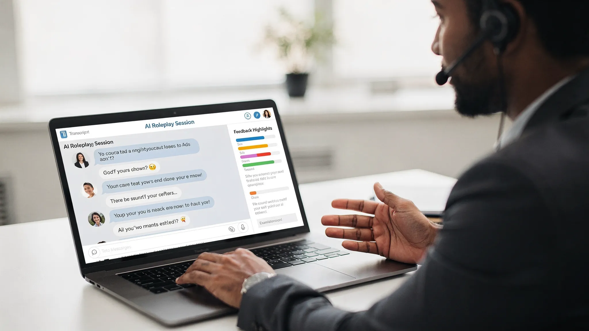 A sales rep speaking into a laptop during an AI roleplay session, with a simple on-screen view showing a conversation transcript and feedback highlights; the laptop screen faces the viewer and contains no brand logos.