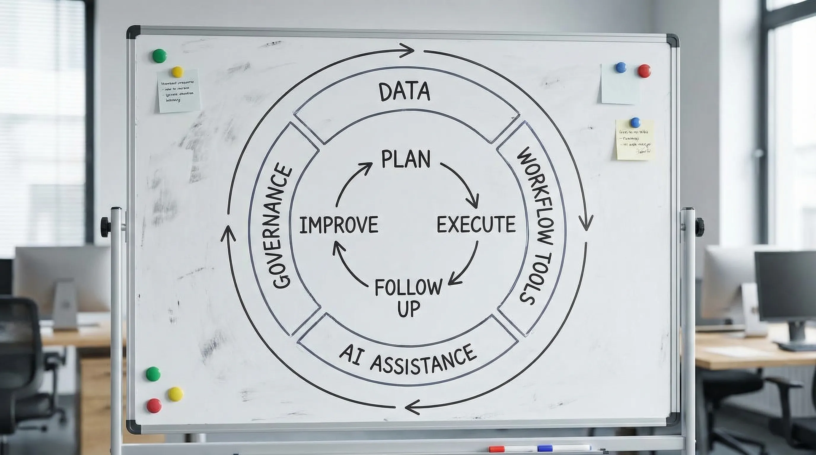 A simple diagram showing an “Everyday AI Sales Loop” with four connected stages in a circle: Plan, Execute, Follow up, Improve. Around the loop are supporting layers labeled Data, Workflow Tools, AI Assistance, and Governance.