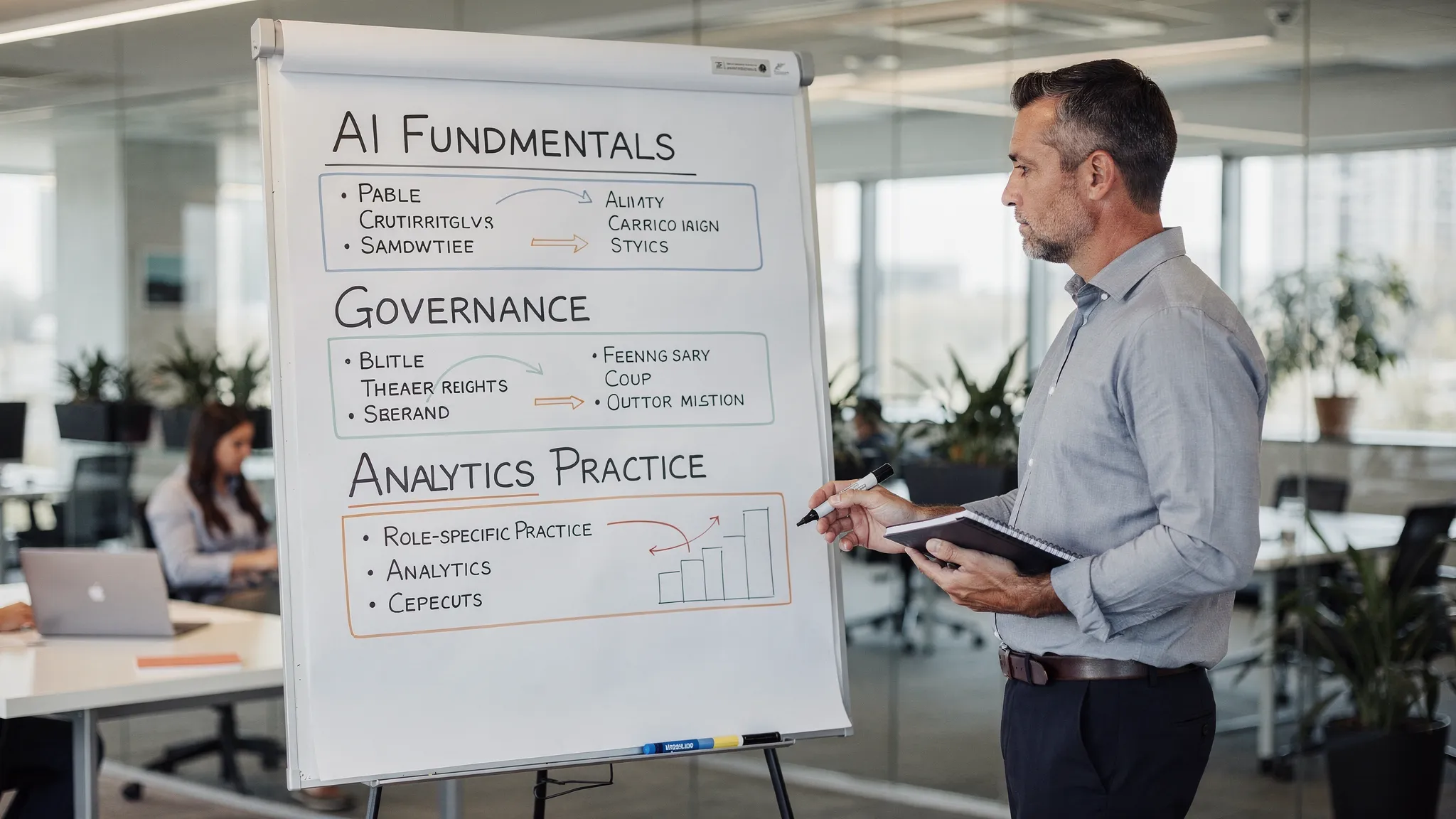 A business professional reviewing a simple certification roadmap on a whiteboard, with labeled sections for AI fundamentals, governance, analytics, and role-specific practice, in a modern office setting.