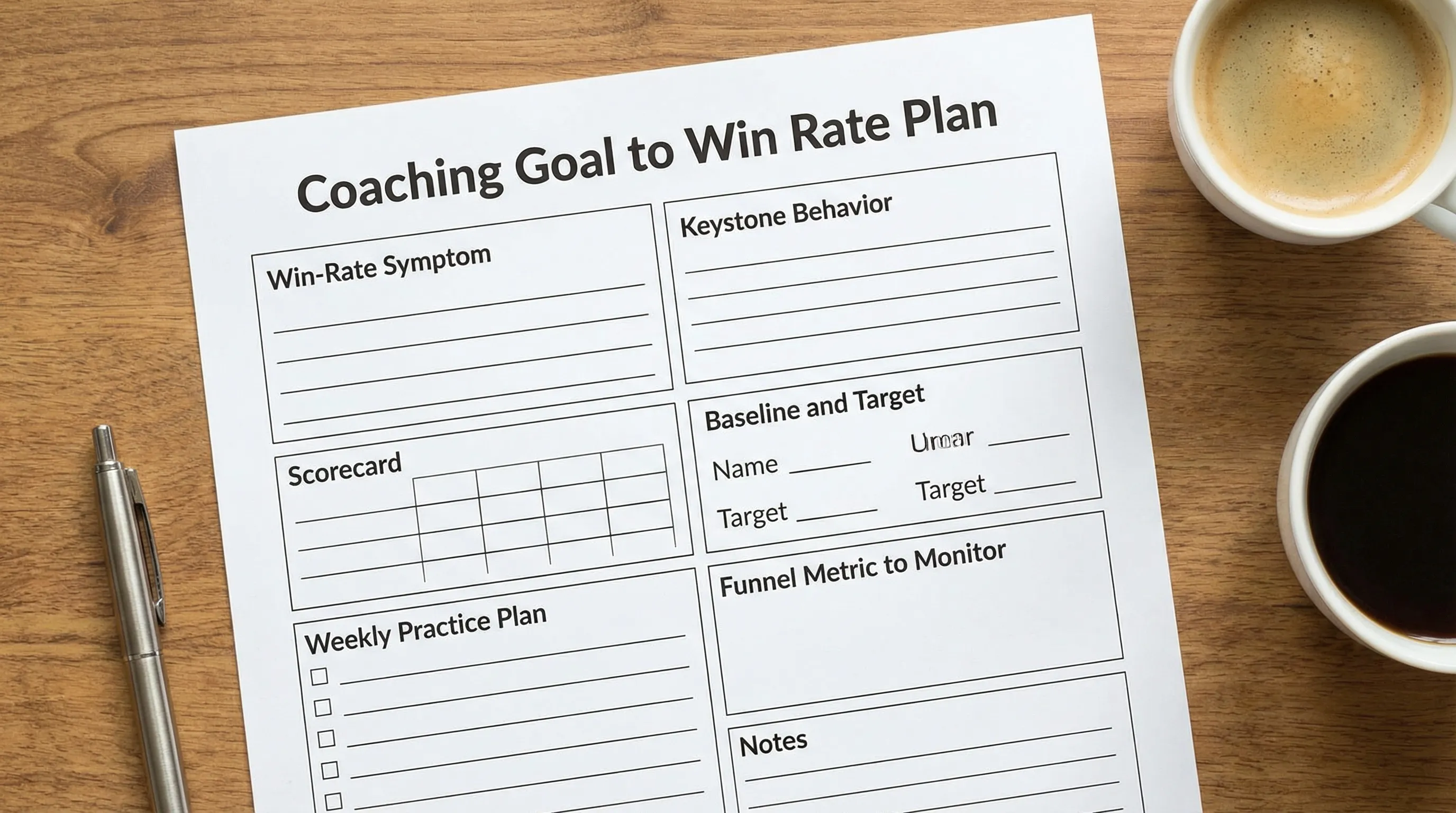 A simple one-page worksheet layout titled “Coaching Goal to Win Rate Plan” with sections for win-rate symptom, keystone behavior, scorecard, baseline and target, weekly practice plan, and funnel metric to monitor.