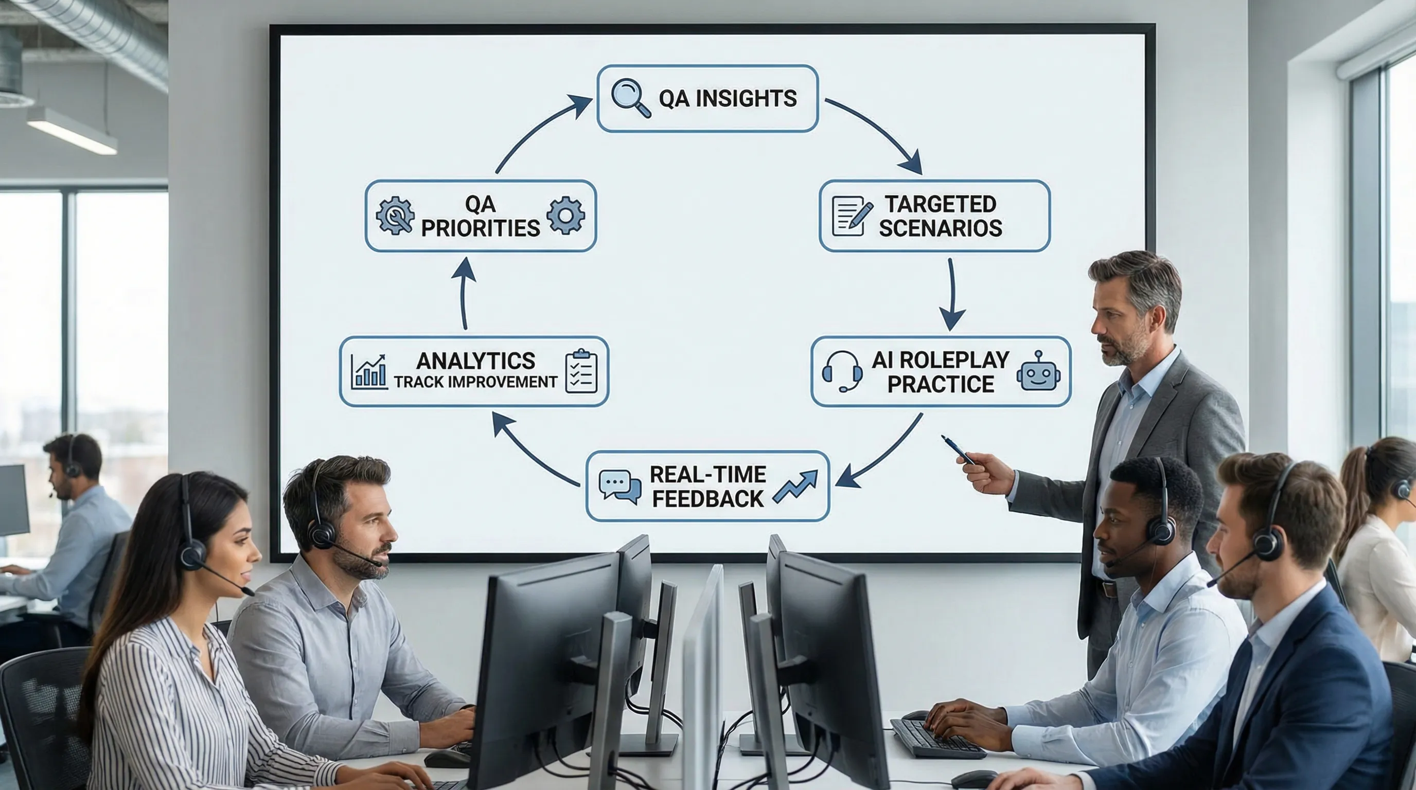 A simple loop diagram showing AI coaching in a contact center: QA insights feed into targeted scenarios, agents complete AI roleplay practice, real-time feedback is delivered, and analytics track improvement back into QA priorities.