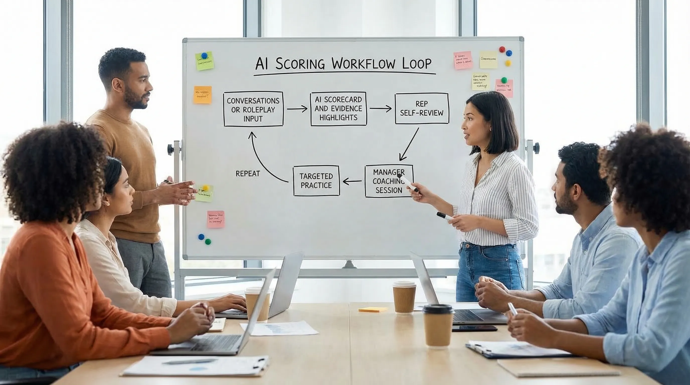 A simple diagram showing an AI scoring workflow loop: conversations or roleplay input, AI scorecard and evidence highlights, rep self-review, manager coaching session, targeted practice, then repeat.