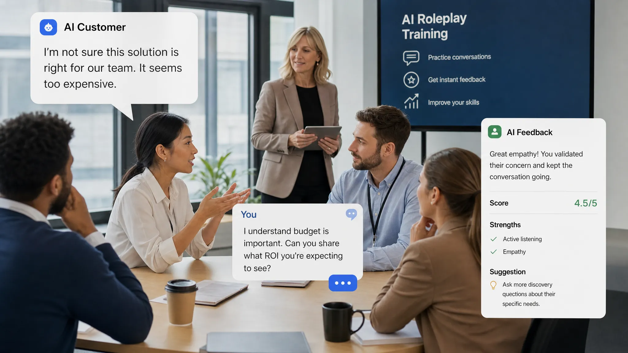 A customer service and sales team practicing realistic conversations in a modern training session, with speech bubbles representing AI roleplay prompts and feedback cues.