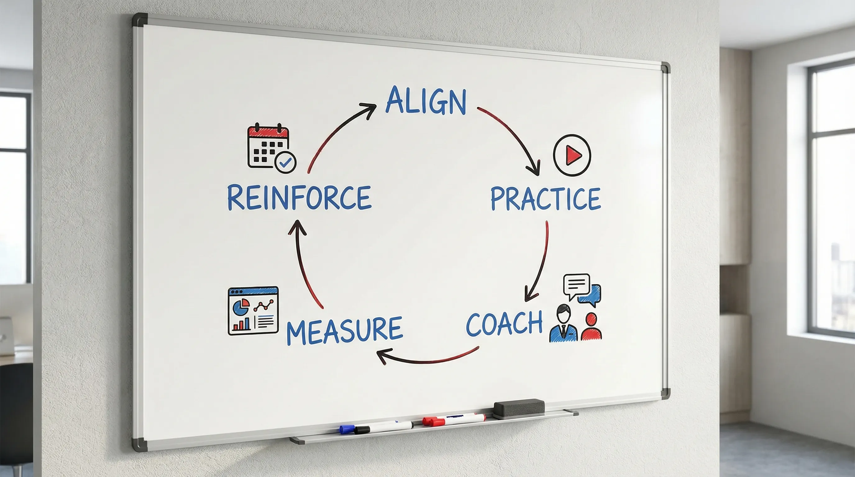 A simple loop diagram showing Align, Practice, Coach, Measure, and Reinforce in a circular flow, with icons for a play button, chat bubble feedback, a coach, a dashboard, and a daily reminder.