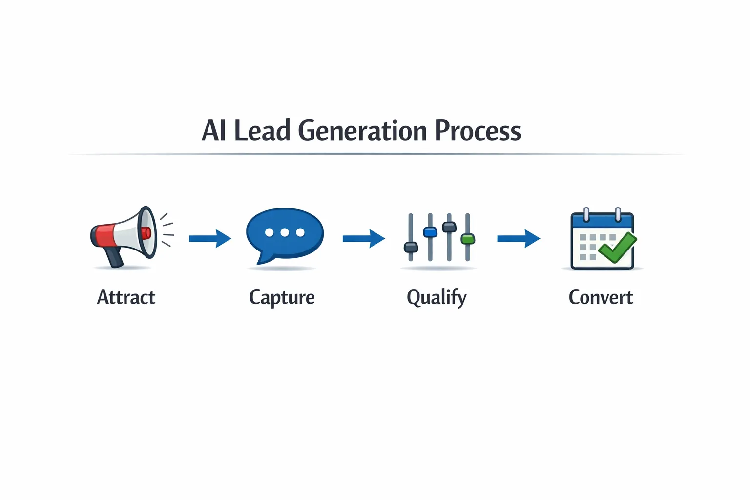 A simple four-step AI lead generation flow diagram showing Attract, Capture, Qualify, and Convert connected by arrows. Each step includes a concise icon: megaphone for Attract, chat bubble for Capture, slider gauge for Qualify, and calendar with checkmark for Convert.