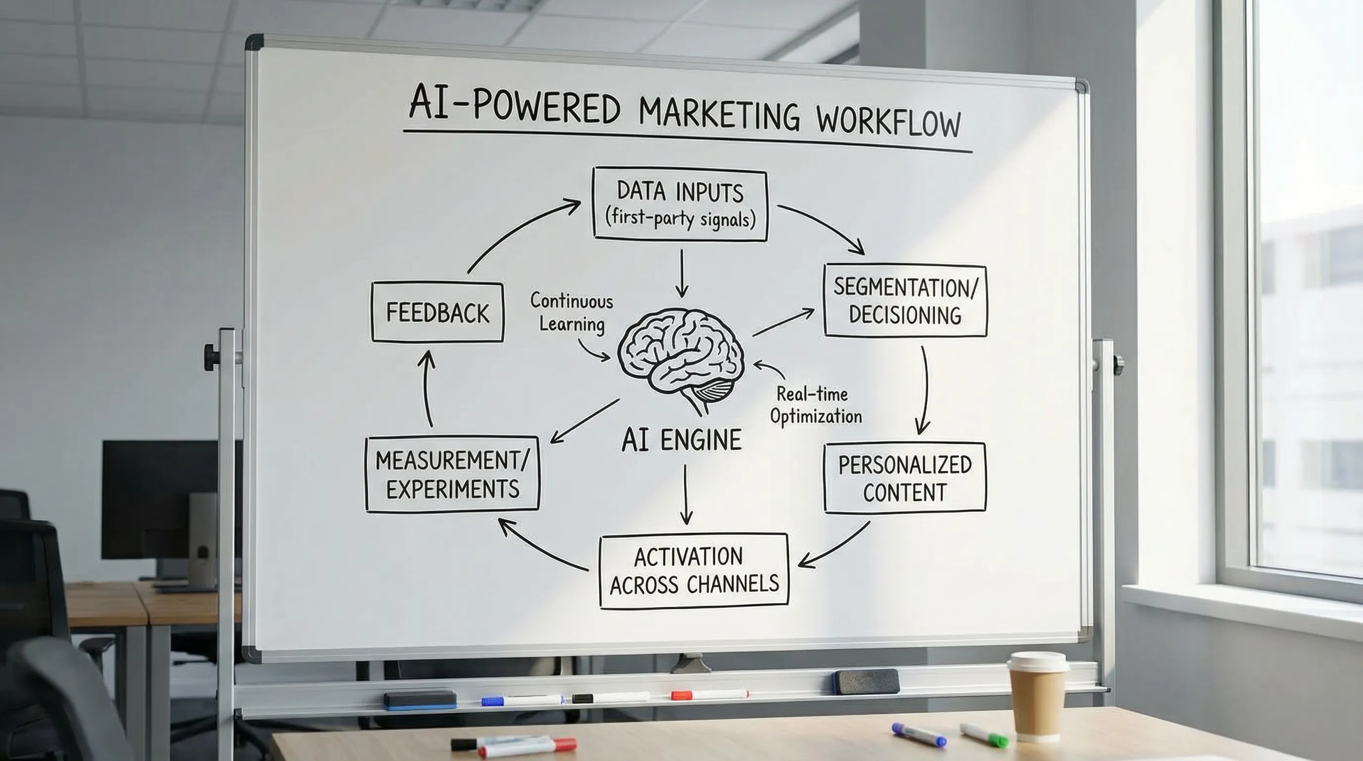 A simple loop diagram showing AI-powered marketing workflow: data inputs (first-party signals), segmentation/decisioning, personalized content, activation across channels, measurement/experiments, then feedback back into data.