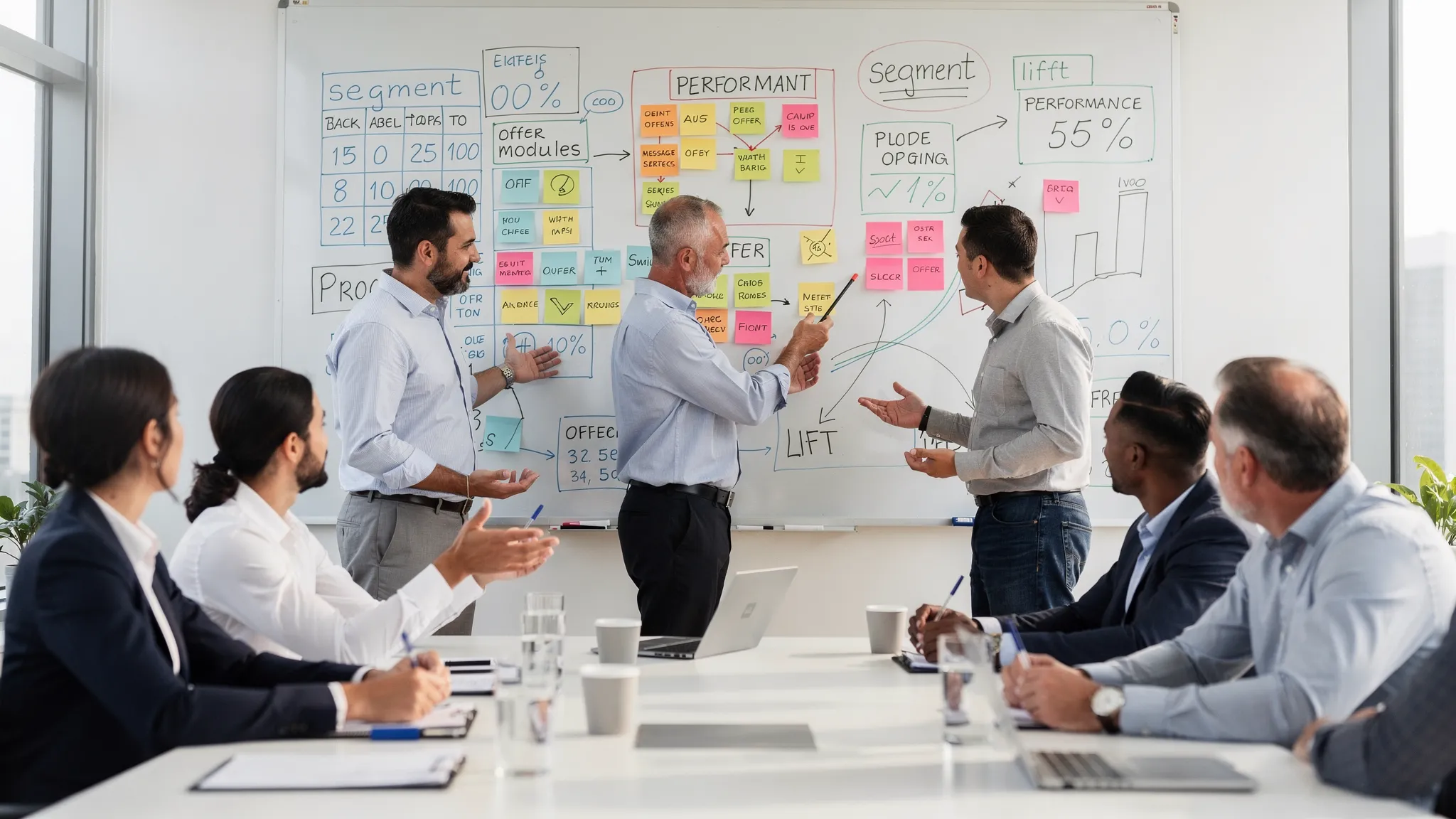A marketing and sales team collaborating around a whiteboard with campaign segments, message modules, and performance metrics, with no visible screens and clear labels like “segment,” “offer,” and “lift.”