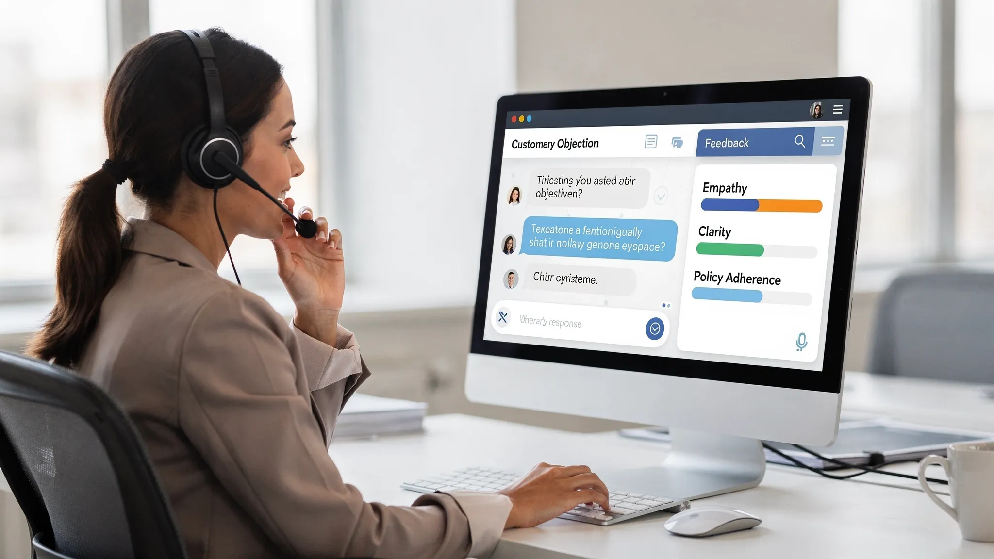 A customer service representative speaking into a headset while an on-screen chat-style roleplay simulation shows a customer objection and the rep’s drafted response, with a feedback panel highlighting empathy, clarity, and policy adherence.