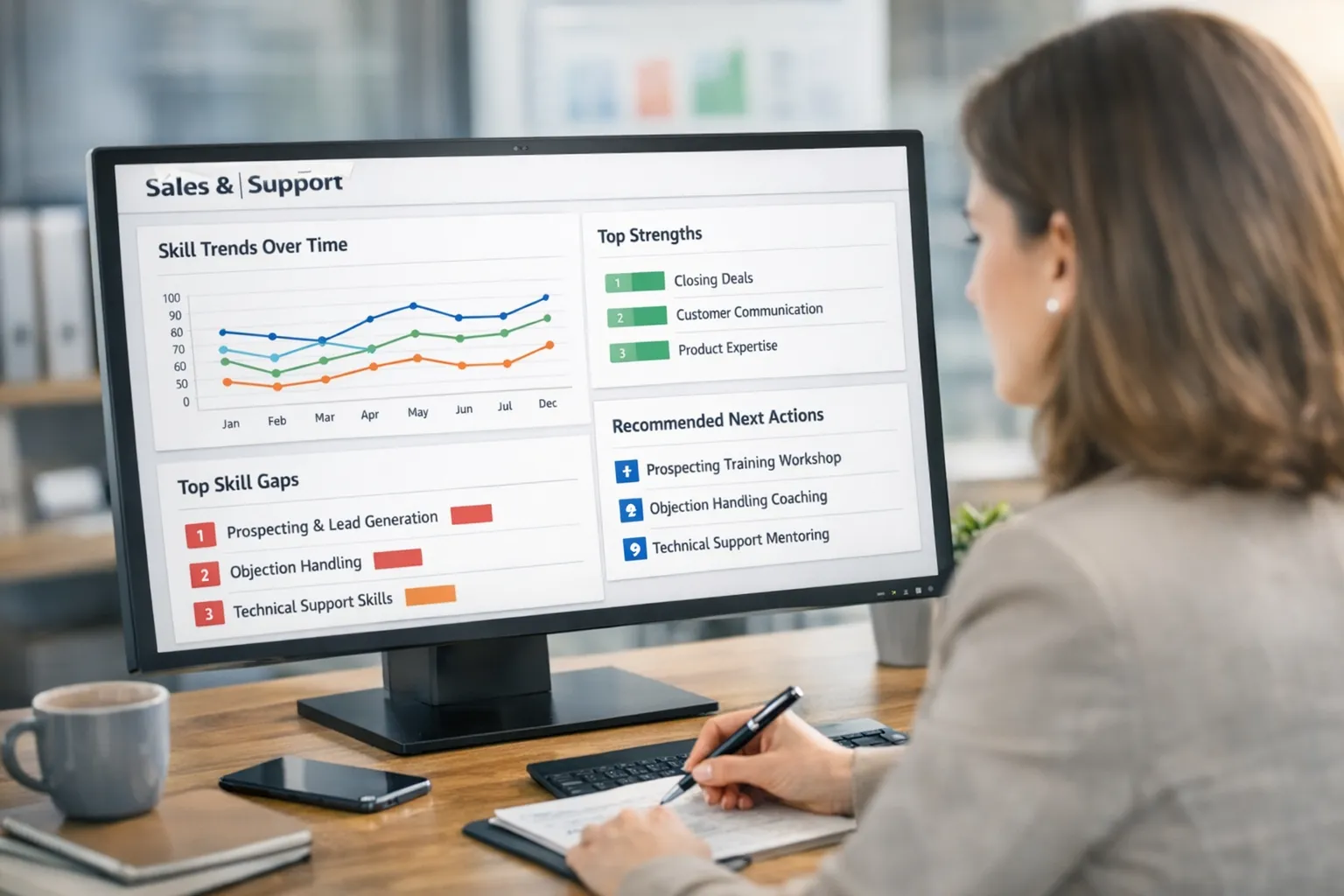 An L&D manager reviewing a clean analytics dashboard showing skill trends over time, top strengths, top gaps, and recommended next coaching actions for a sales and support team.
