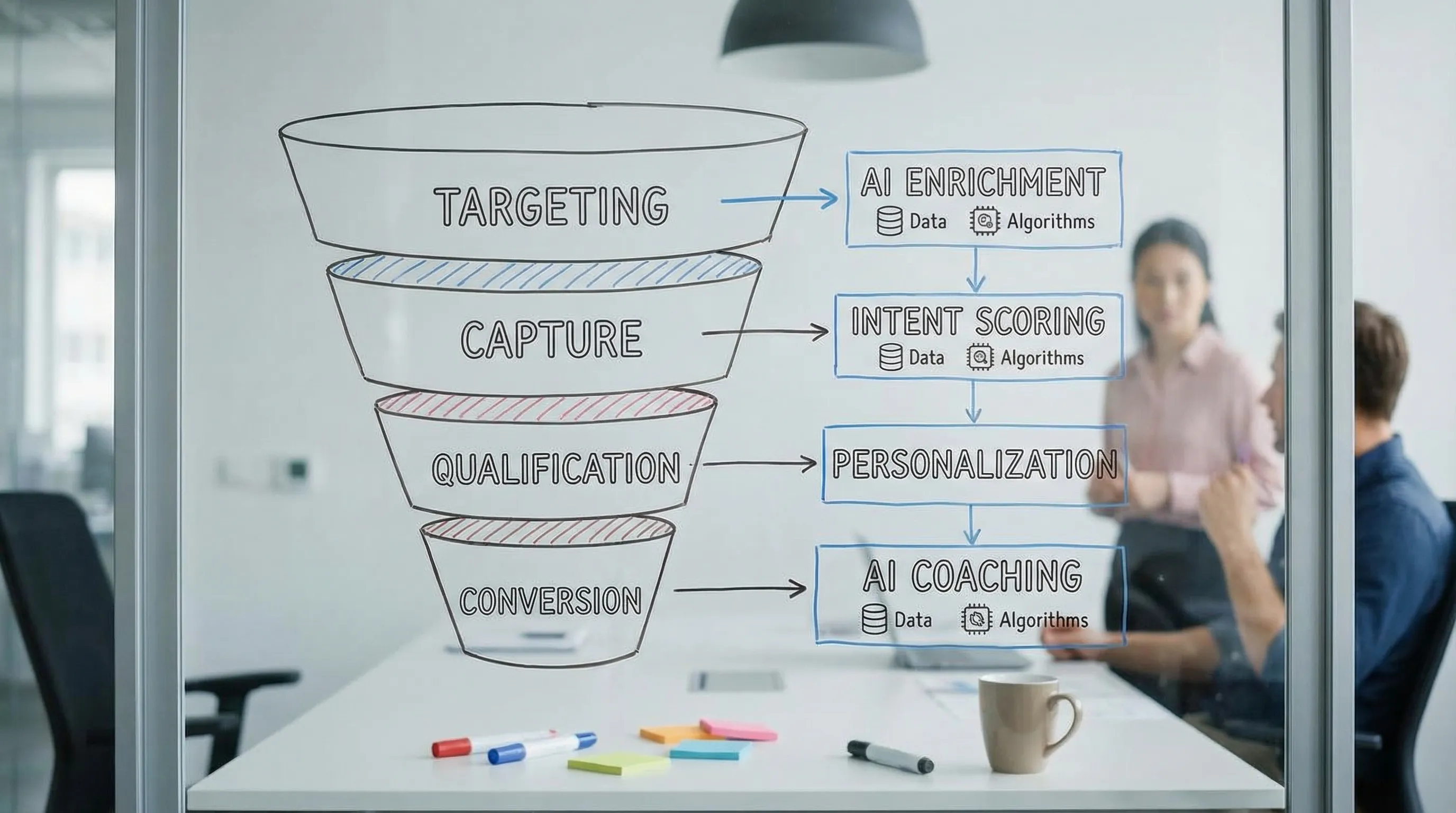 A simple funnel diagram showing lead generation stages (targeting, capture, qualification, conversion) with AI layers like enrichment, intent scoring, personalization, and coaching mapped to each stage.