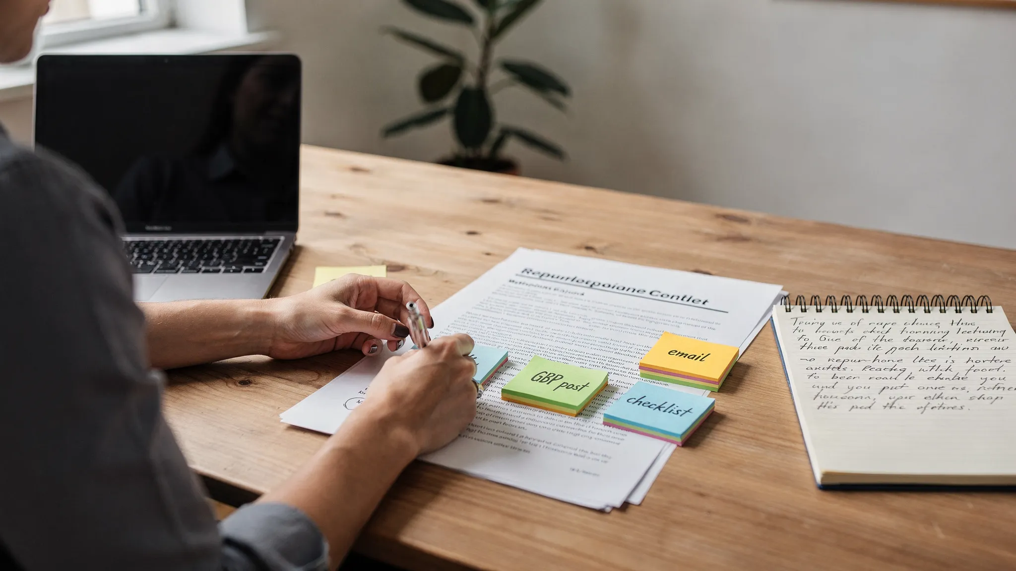 A small business owner at a desk with a laptop and a notebook, turning one printed article into multiple sticky notes labeled “email,” “social,” “GBP post,” and “checklist,” illustrating content repurposing.