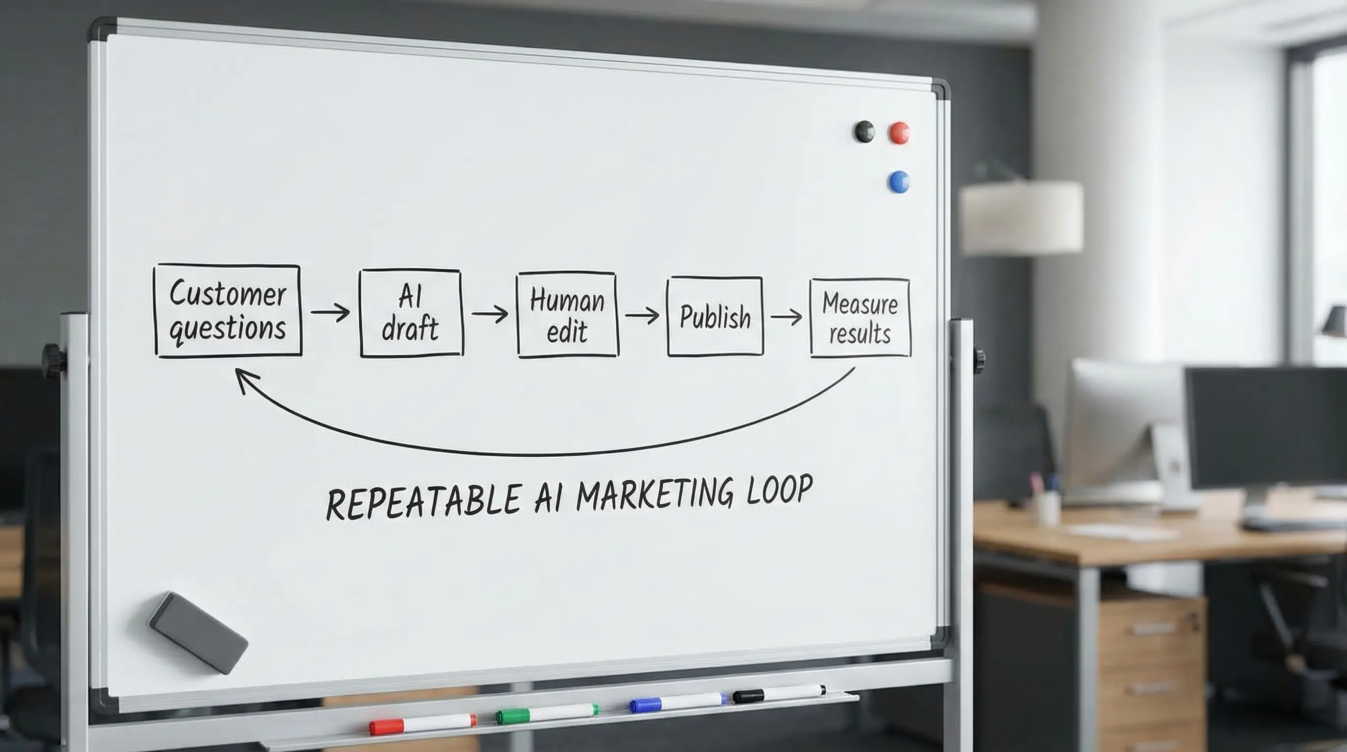 A simple workflow diagram showing “Customer questions” leading to “AI draft,” then “Human edit,” then “Publish,” and finally “Measure results,” illustrating a repeatable AI marketing loop.