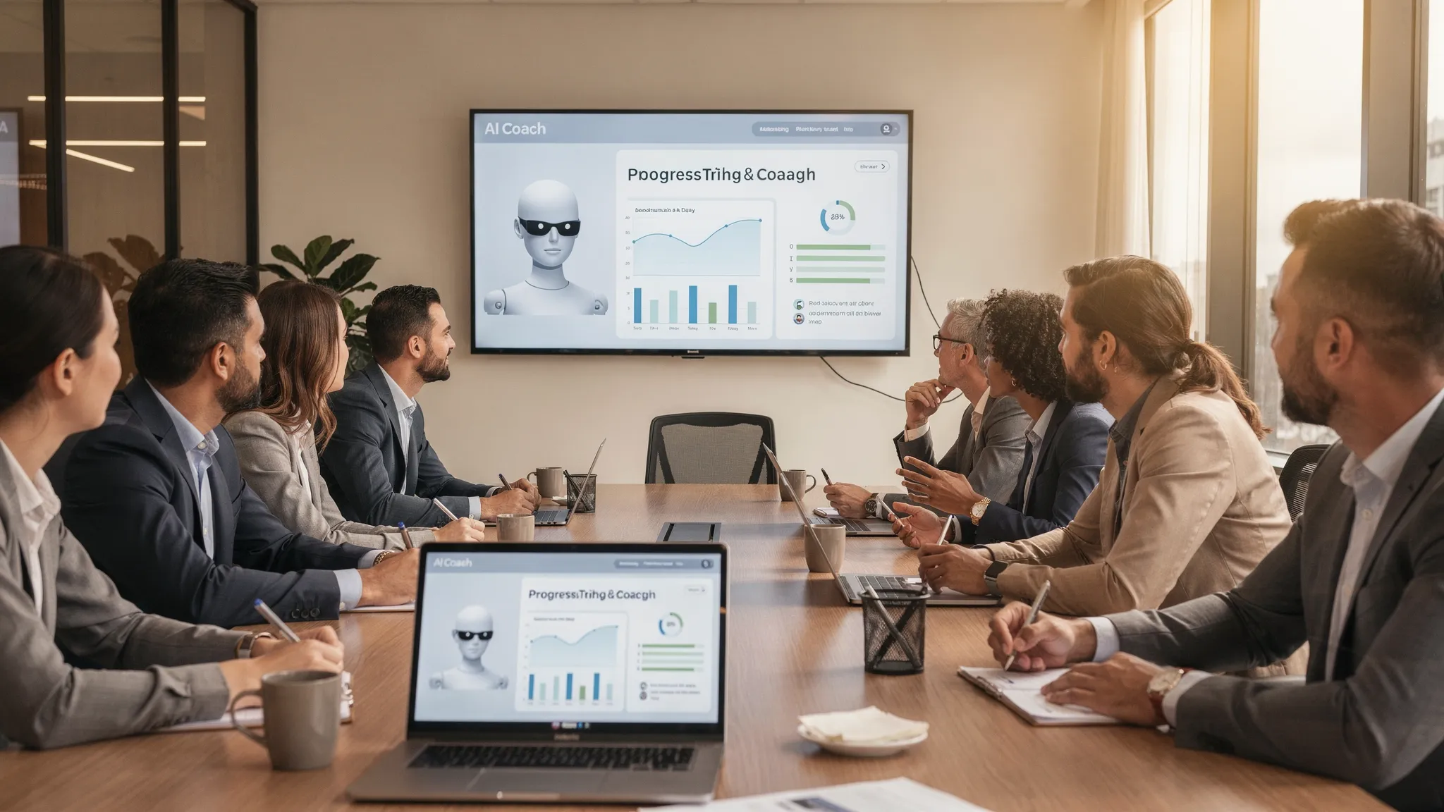 A team training scene where a sales and service group practices realistic customer scenarios with an AI coach, with visible but generic dashboards showing progress tracking and feedback.