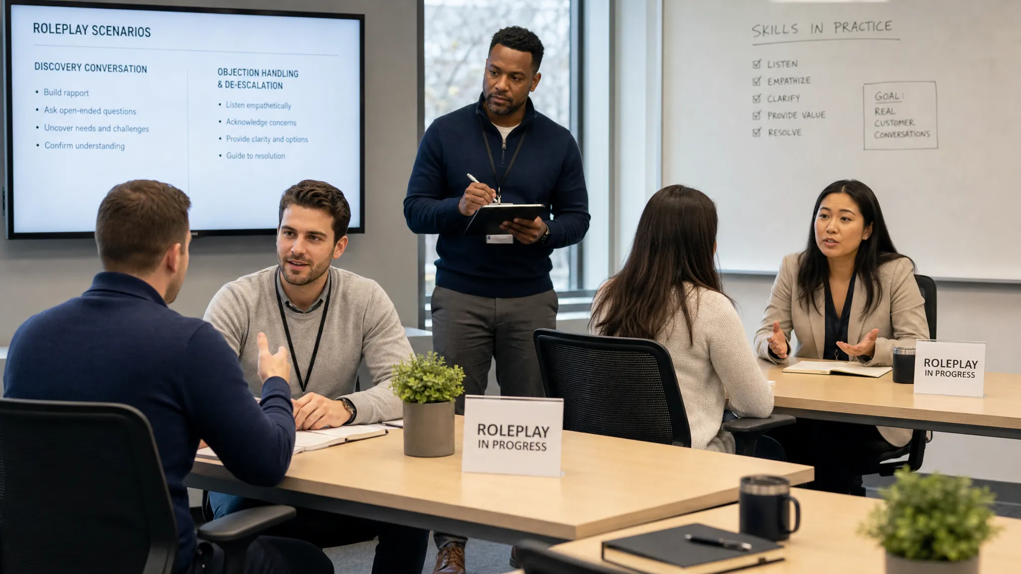Sales and service reps practicing realistic customer roleplay in a training room while a coach observes and takes notes, with one pair rehearsing discovery and another pair working through objection handling and de-escalation conversations.