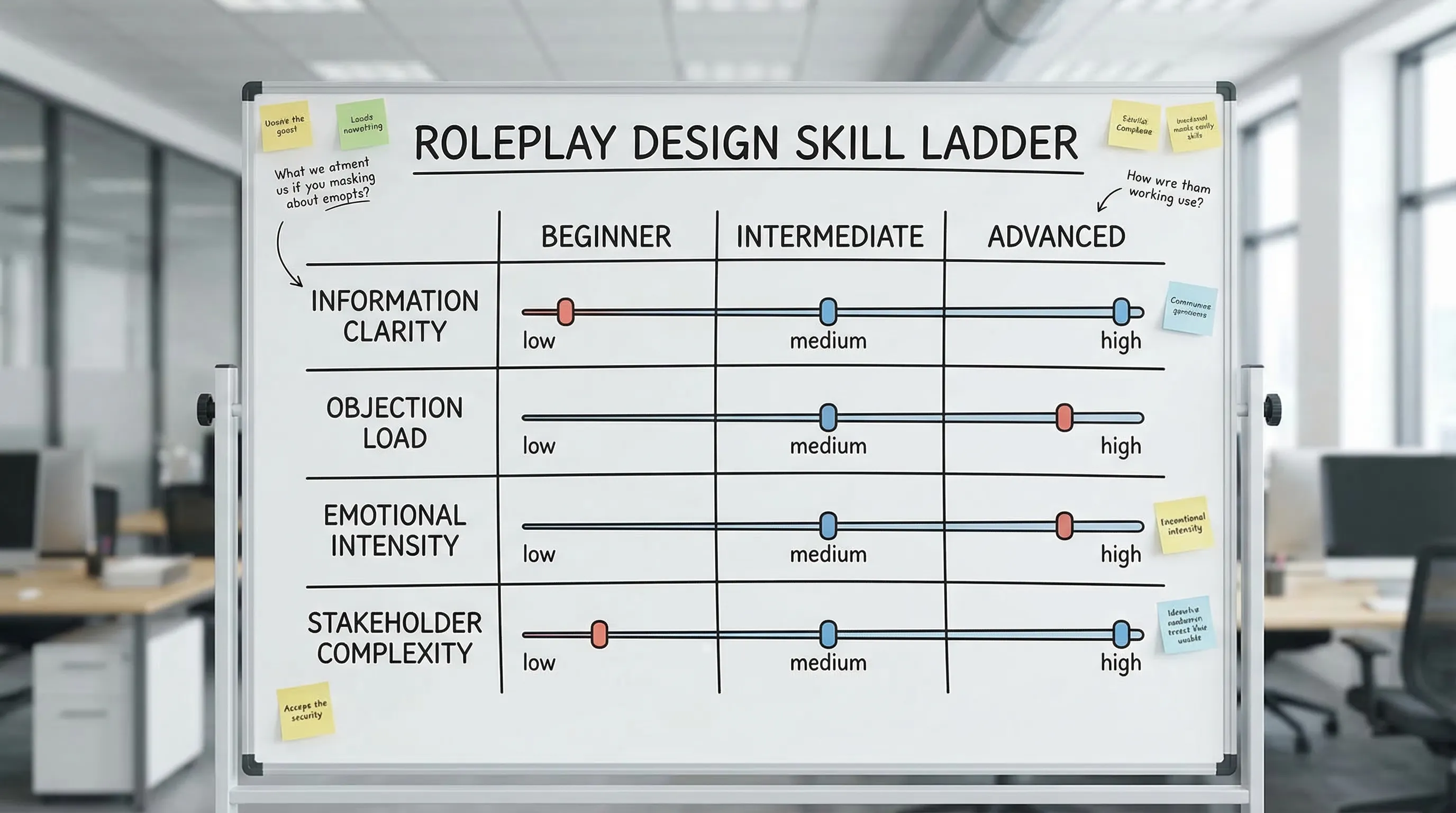A simple 3-level skill ladder diagram for roleplay design showing Beginner, Intermediate, and Advanced columns with sliders for information clarity, objection load, emotional intensity, and stakeholder complexity.