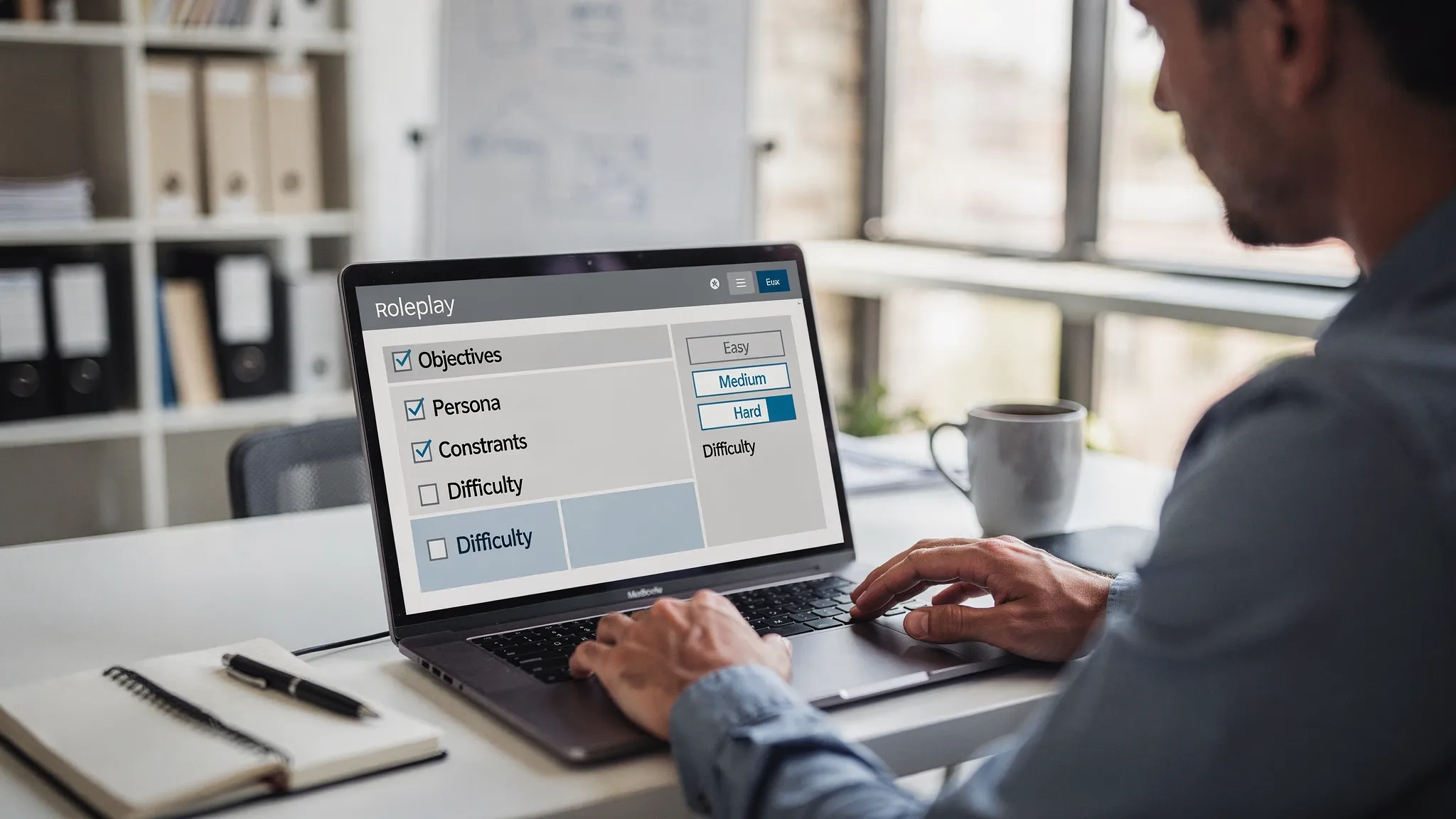 A training manager designing a roleplay scenario on a laptop, with a visible checklist for objectives, persona, constraints, and a three-level difficulty selector, in an office setting. The laptop screen faces the viewer and shows only simple generic UI blocks, no brand logos.
