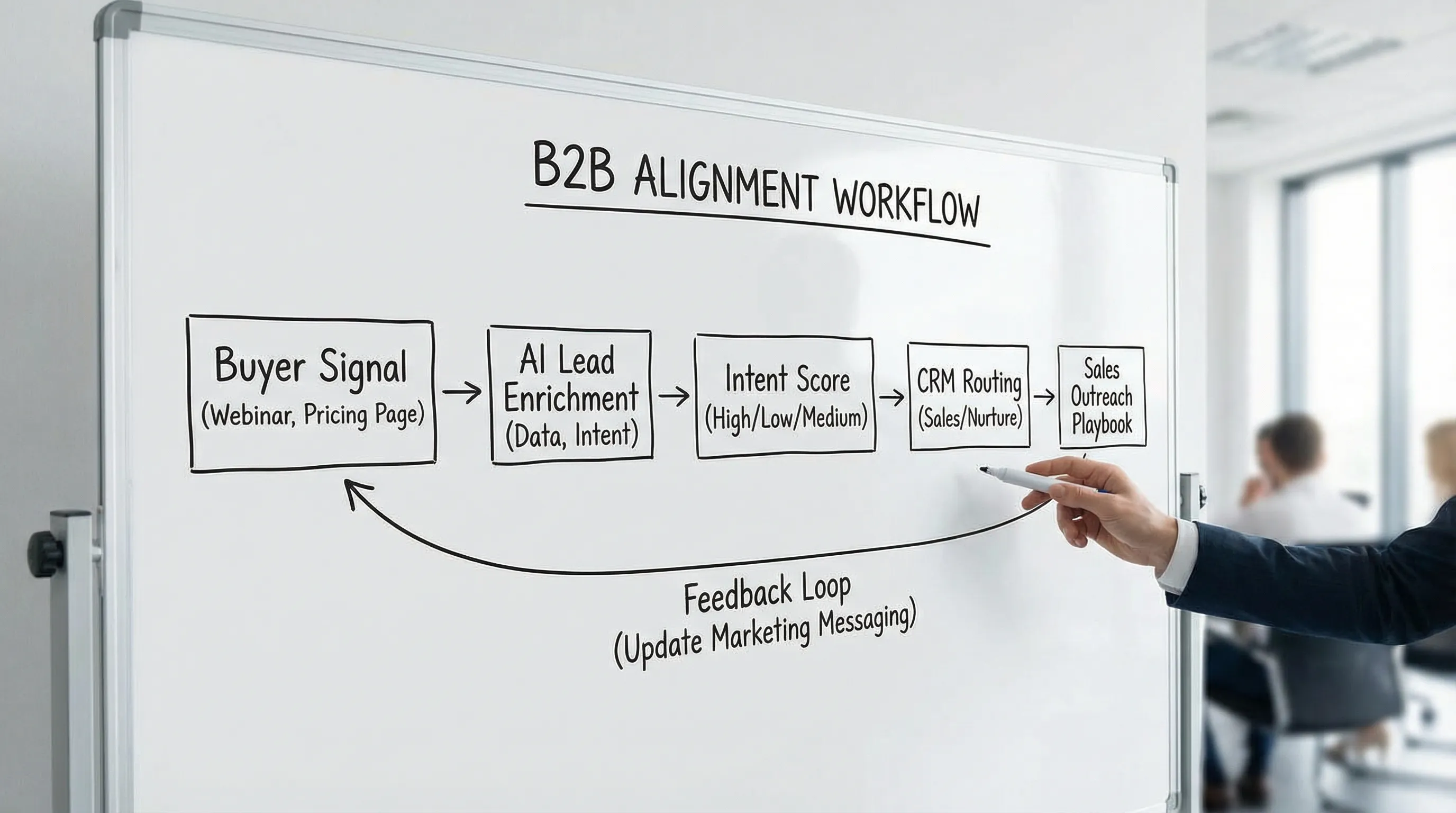 A simple alignment workflow diagram showing: Buyer signal (webinar/pricing) to AI lead enrichment to intent score to CRM routing to sales outreach playbook to feedback loop updating marketing messaging.