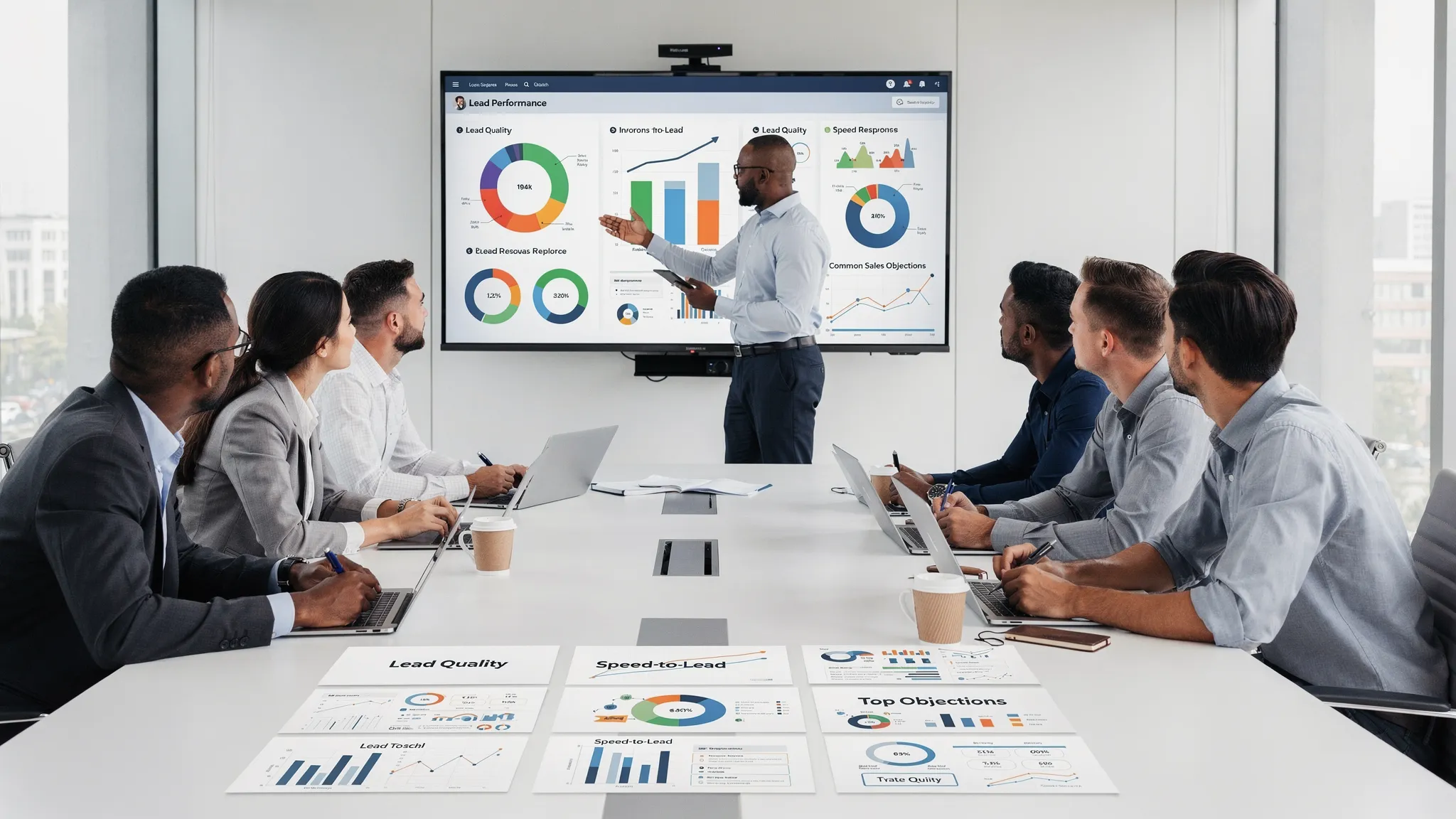 A marketing and sales team in a meeting reviewing a shared dashboard on a wall screen, discussing lead quality, speed-to-lead, and top objections with printed notes on the table.