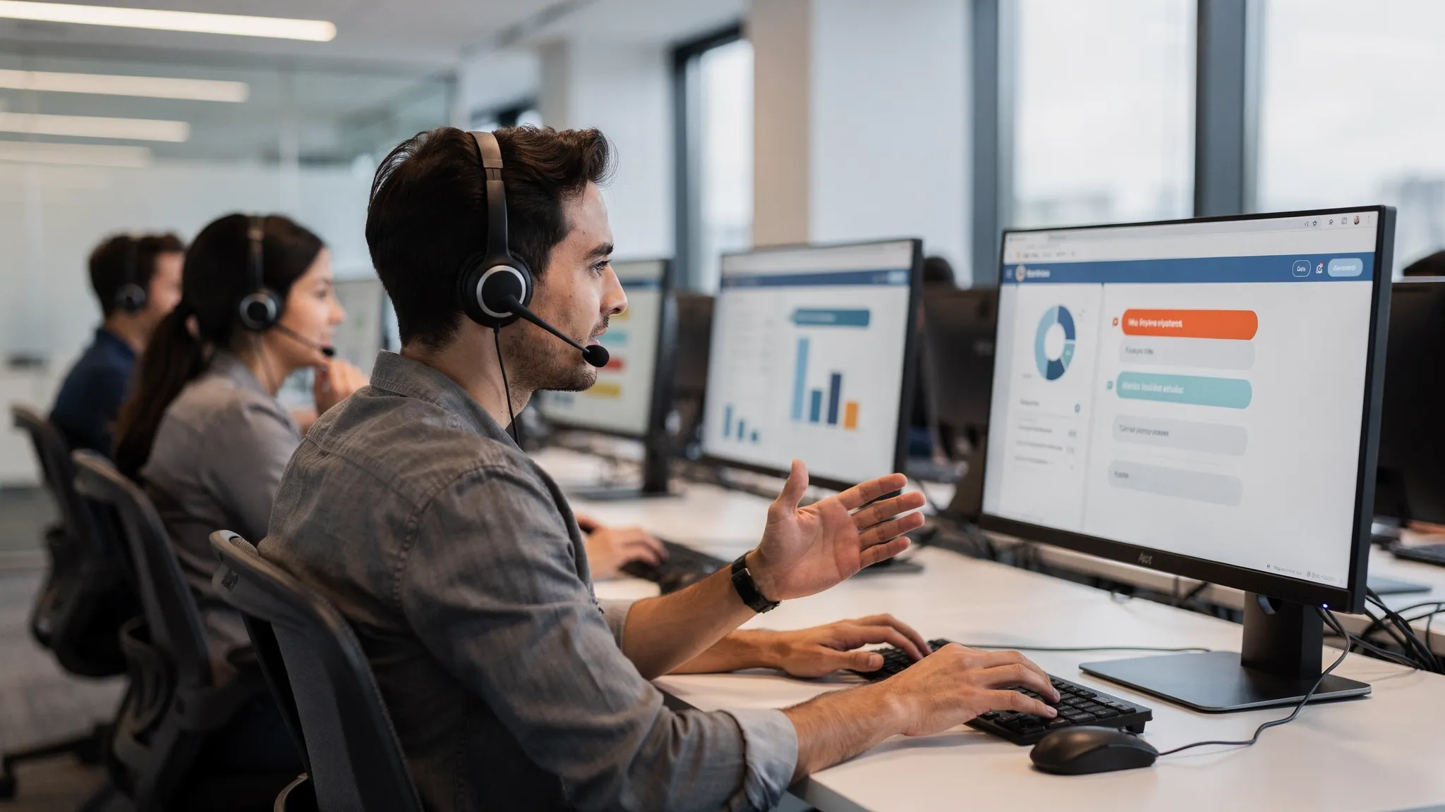 Customer support agents practicing AI-guided service conversations at desks with screens facing them, showing simple resolution metrics and conversation prompts with no readable text.