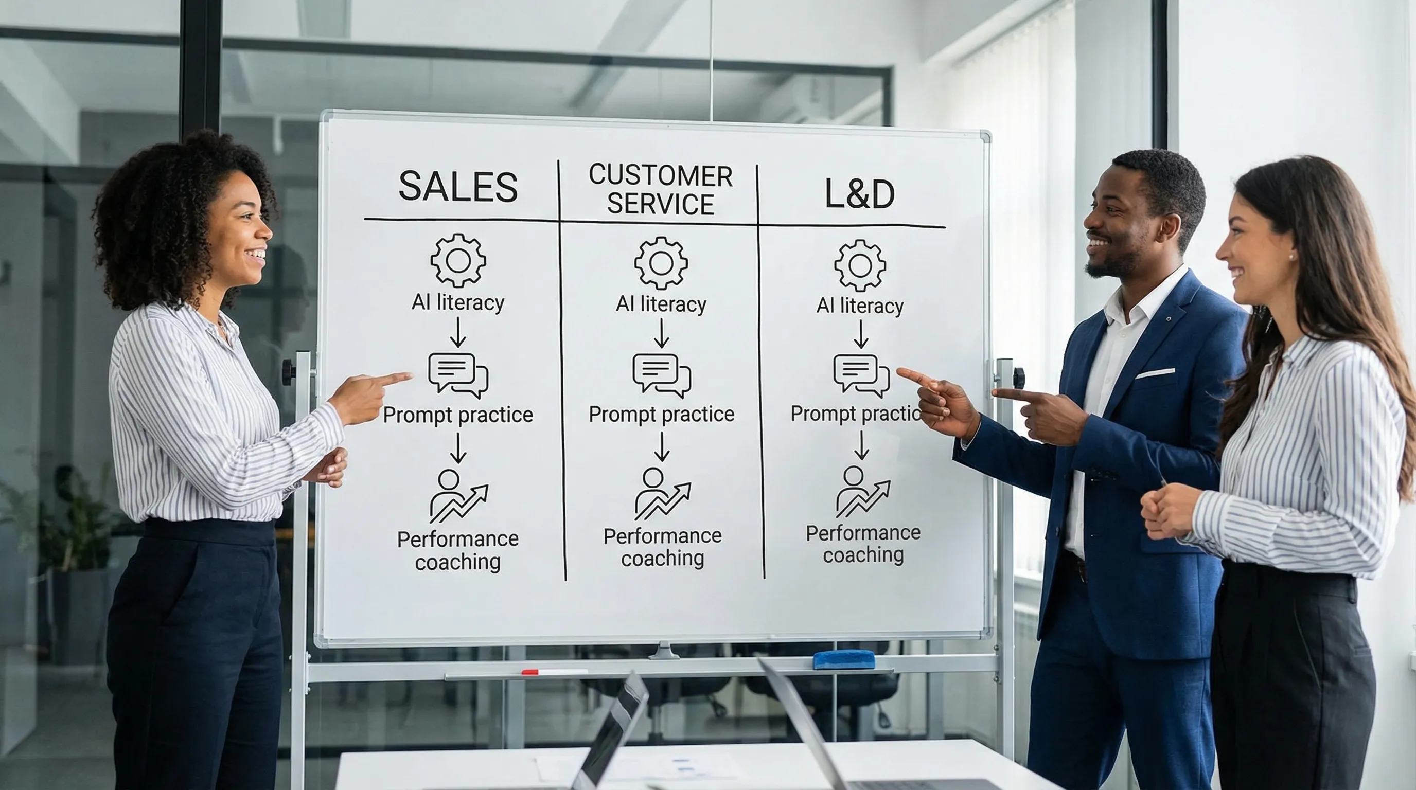 A clean comparison-style illustration showing three columns labeled Sales, Customer Service, and L&D, each with icons representing AI literacy, prompt practice, and performance coaching, arranged as a simple learning path.