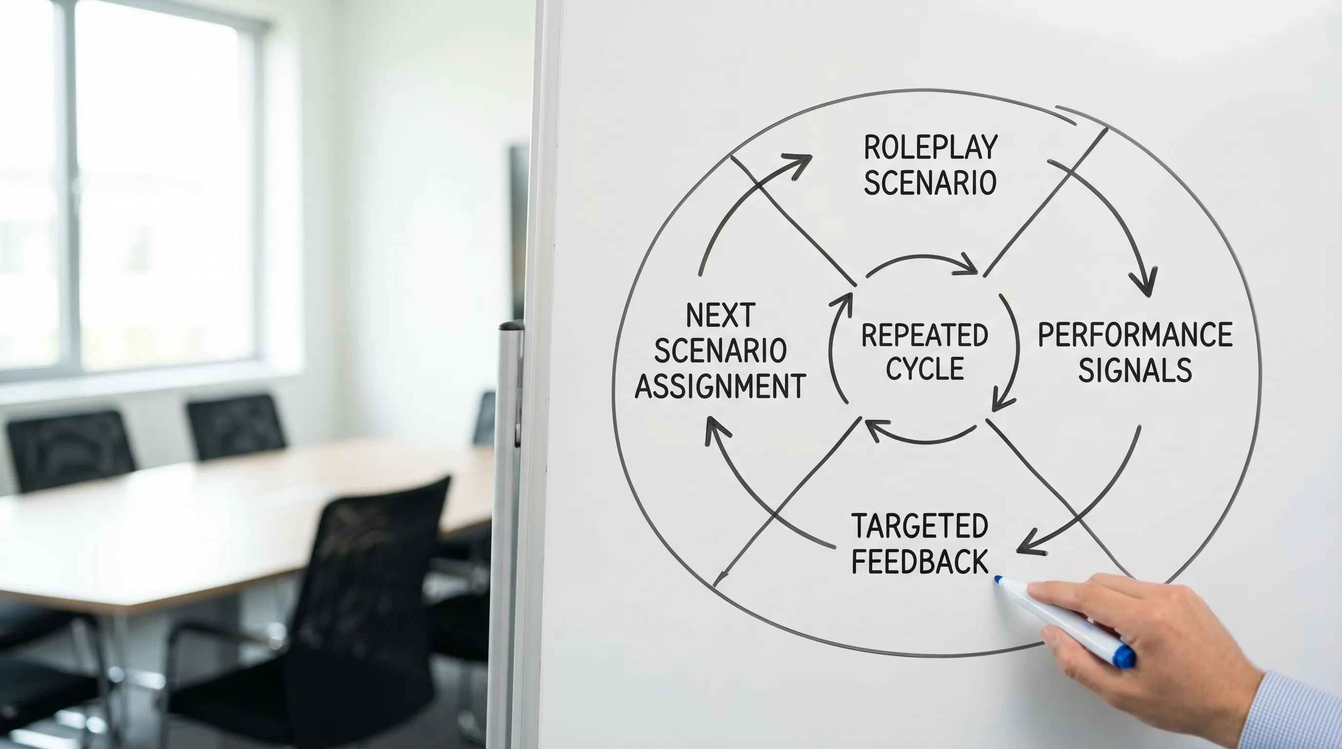 A simple loop diagram showing adaptive sales practice: roleplay scenario, performance signals, targeted feedback, next scenario assignment, repeated cycle.