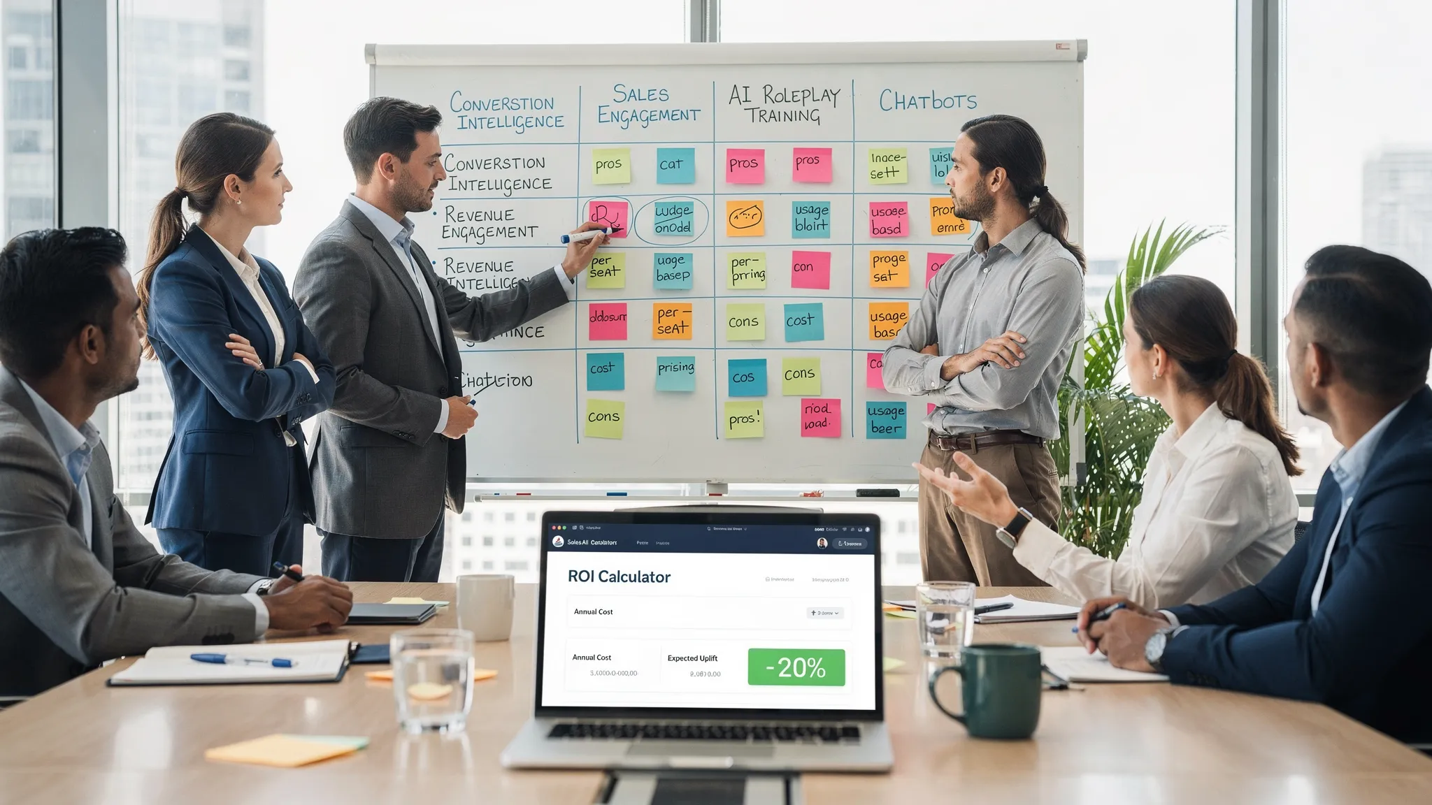 A revenue leadership team stands around a whiteboard comparison matrix that lists Sales AI categories like Conversation Intelligence, Sales Engagement, Revenue Intelligence, AI Roleplay Training, and Chatbots. Sticky notes capture pros, cons, and pricing models, while a laptop shows a simple ROI calculator.