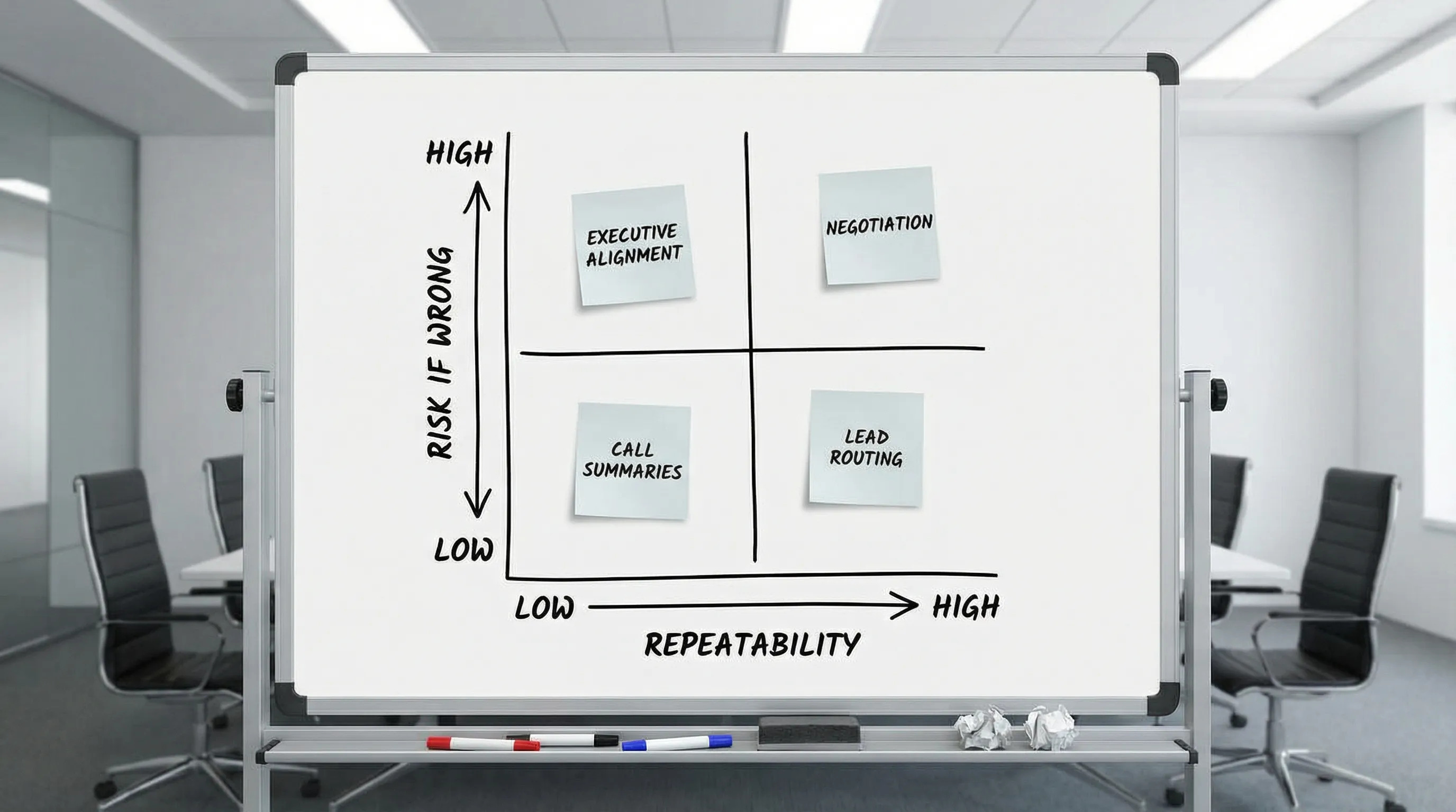 A simple 2x2 matrix showing sales tasks by “repeatability” (low to high) and “risk if wrong” (low to high), with example tasks placed in each quadrant such as call summaries, lead routing, negotiation, and executive alignment.