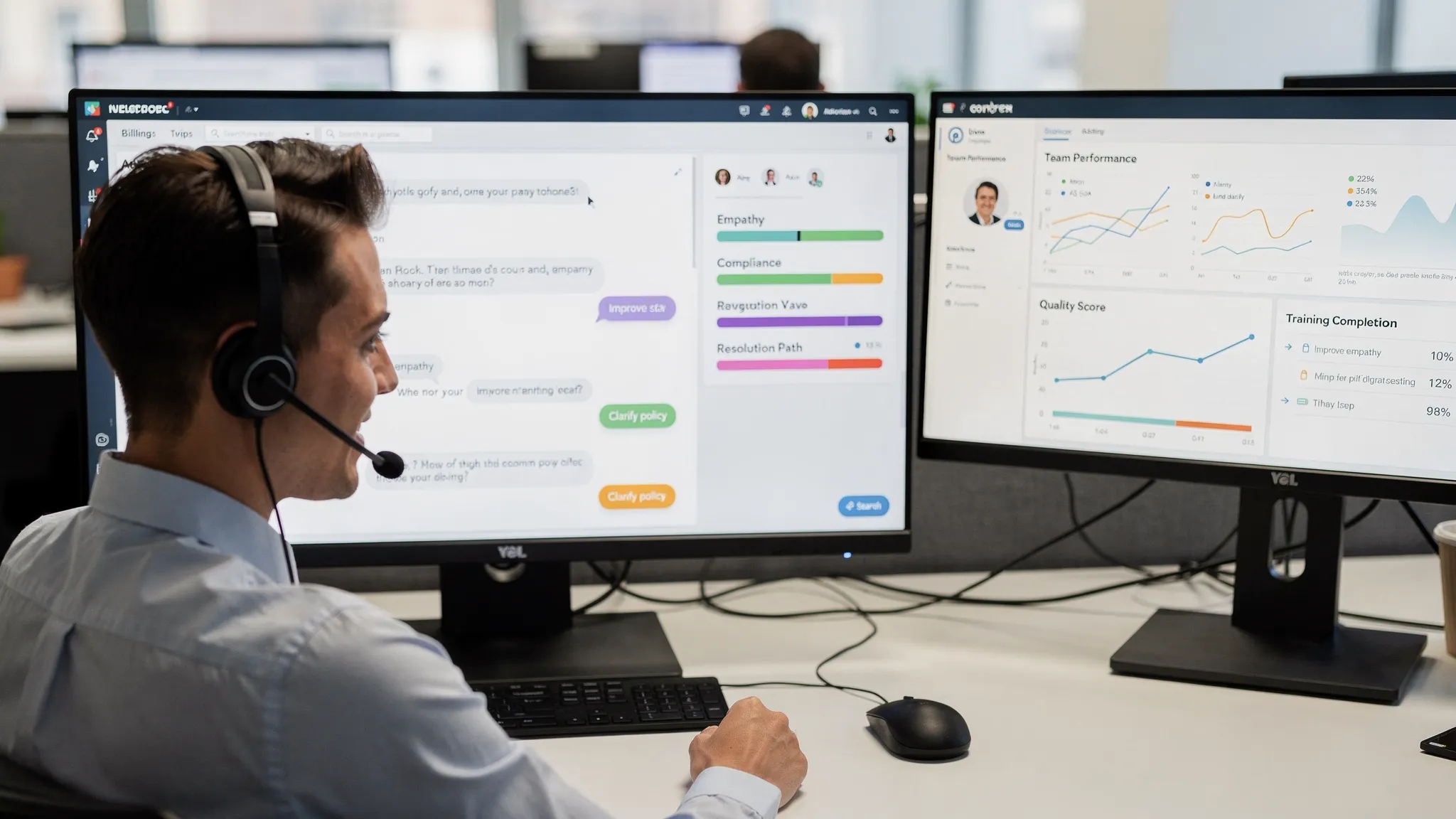 A modern contact center agent sits at a desk wearing a headset, practicing a billing dispute call in an AI roleplay interface that displays a transcript, live scoring for empathy, compliance, and resolution path, and actionable feedback bubbles. A team lead’s dashboard on a side monitor shows progress tracking analytics for the team.