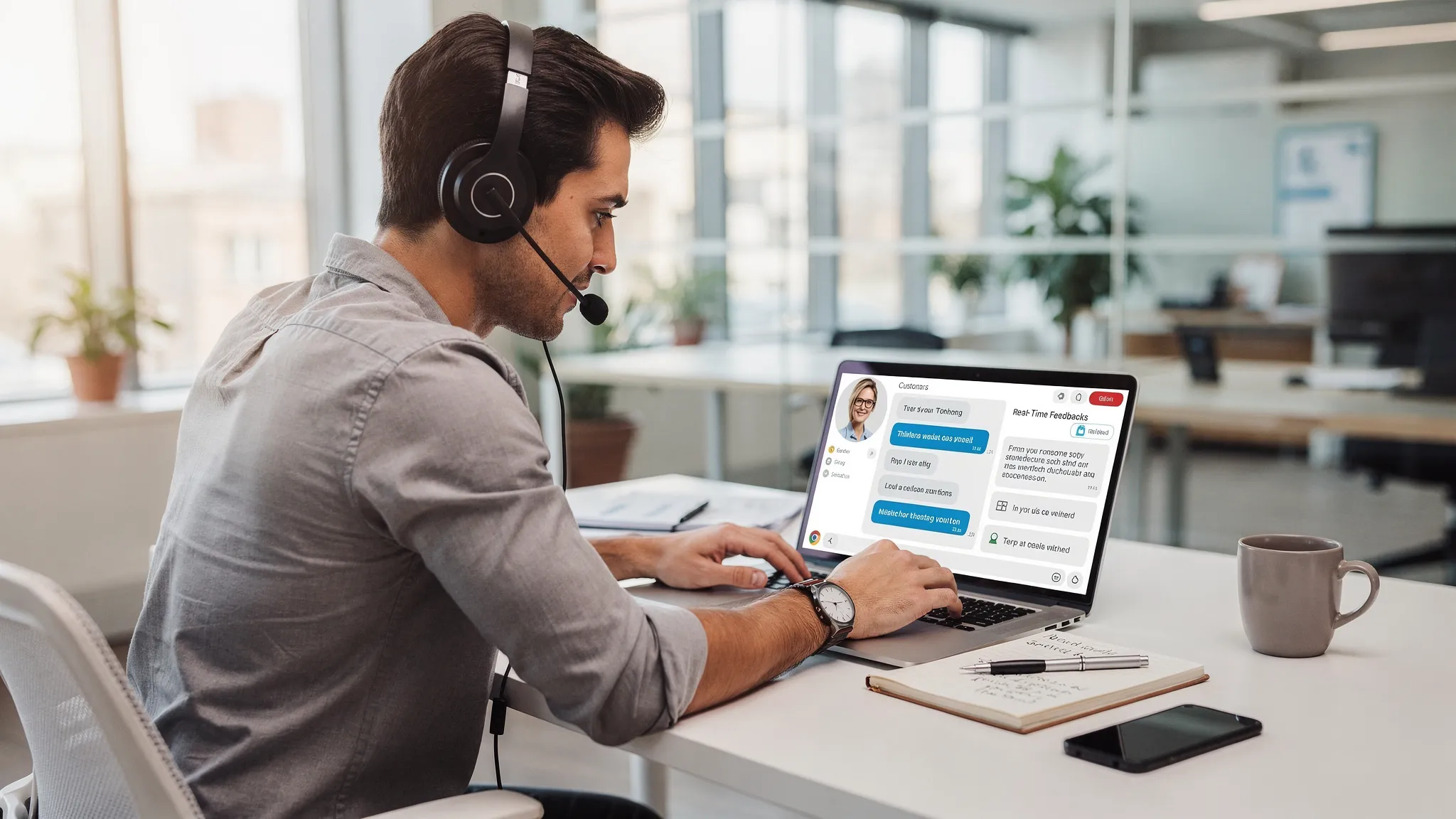 A modern sales rep practicing objection handling with an AI roleplay simulation on a laptop in a bright office, the screen shows a chat-style conversation with a virtual customer and real-time feedback notes; a headset and notebook are on the desk.