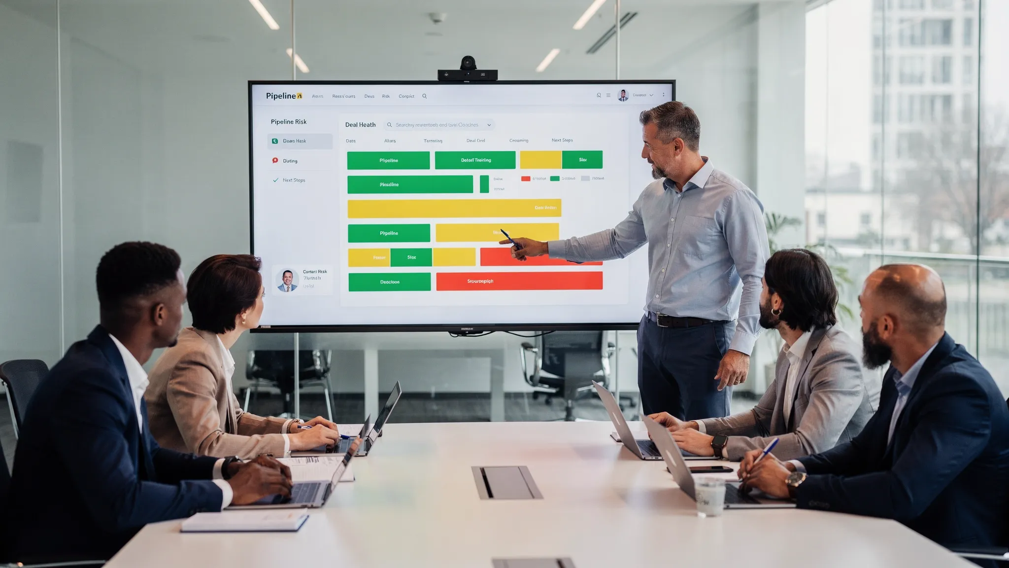 A revenue team gathered around a screen reviewing an AI generated pipeline risk dashboard with color coded deal health indicators, while a sales manager facilitates a focused coaching discussion.