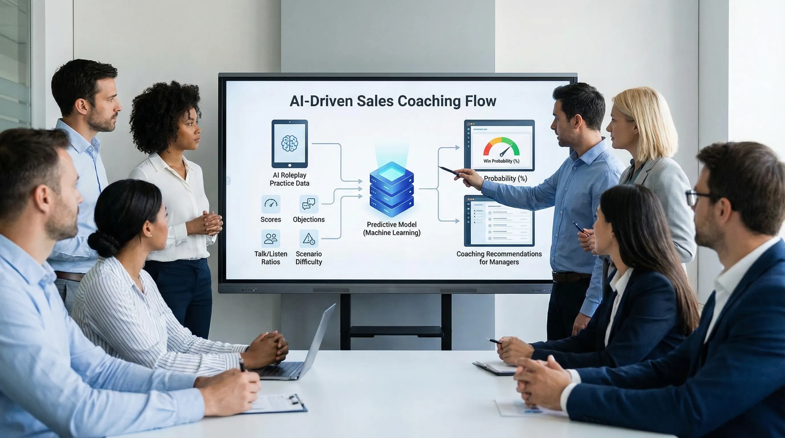 Diagram showing a flow from AI roleplay practice data (scores, objections, talk/listen, scenario difficulty) into a predictive model that outputs win probability and coaching recommendations for sales managers.