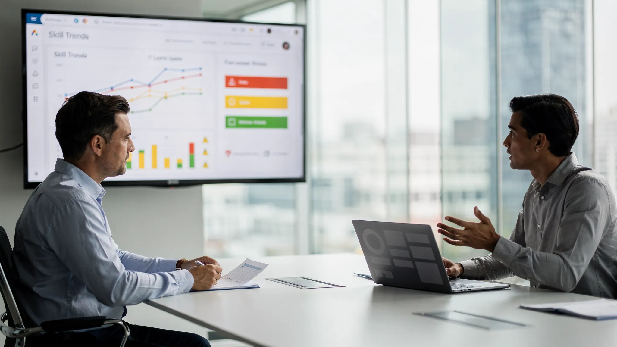 A sales manager reviewing a performance dashboard with skill trend lines and forecast risk indicators next to a rep practicing an objection-handling roleplay in a meeting room, no readable text on screens.
