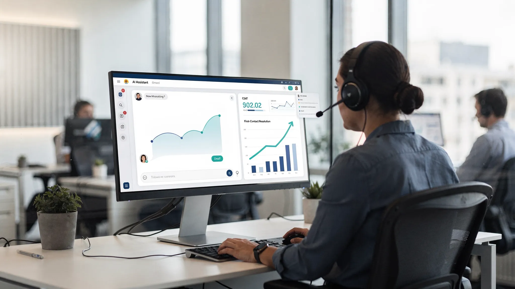 A service agent at a modern help desk collaborates with an AI assistant on screen to craft a helpful reply, while a small dashboard shows rising CSAT and first-contact resolution trends. The setting is a bright contact center with soft natural light and subtle brand colors.